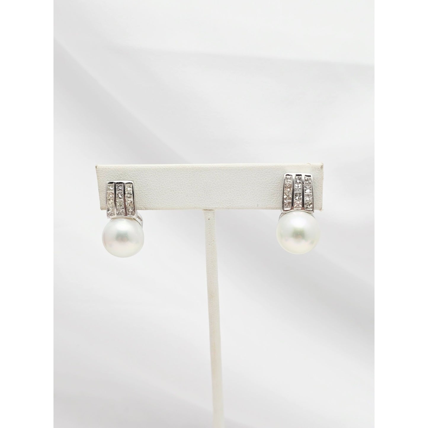 14K White Gold Pearl & Princess Cut Diamond French Clip Earrings