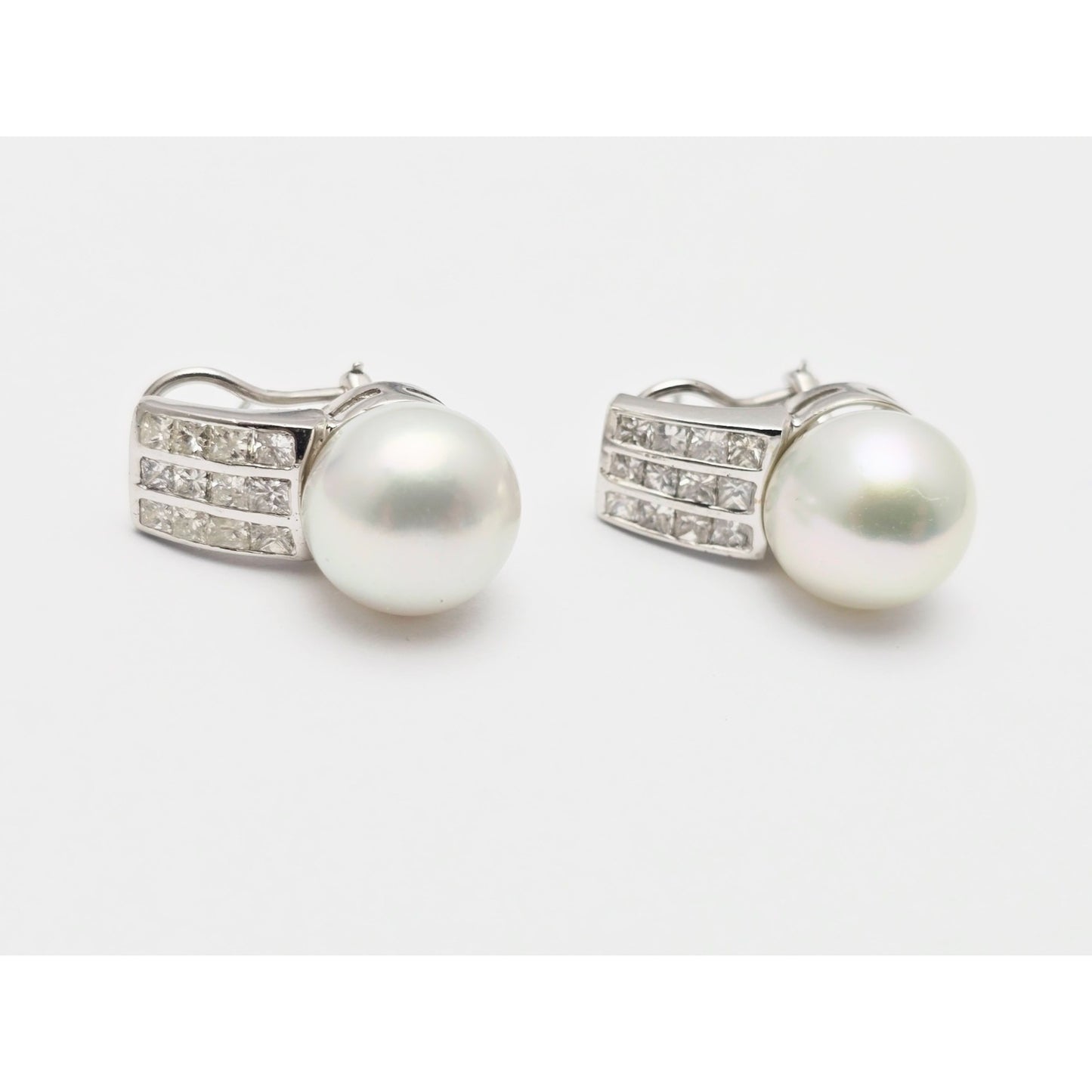 14K White Gold Pearl & Princess Cut Diamond French Clip Earrings
