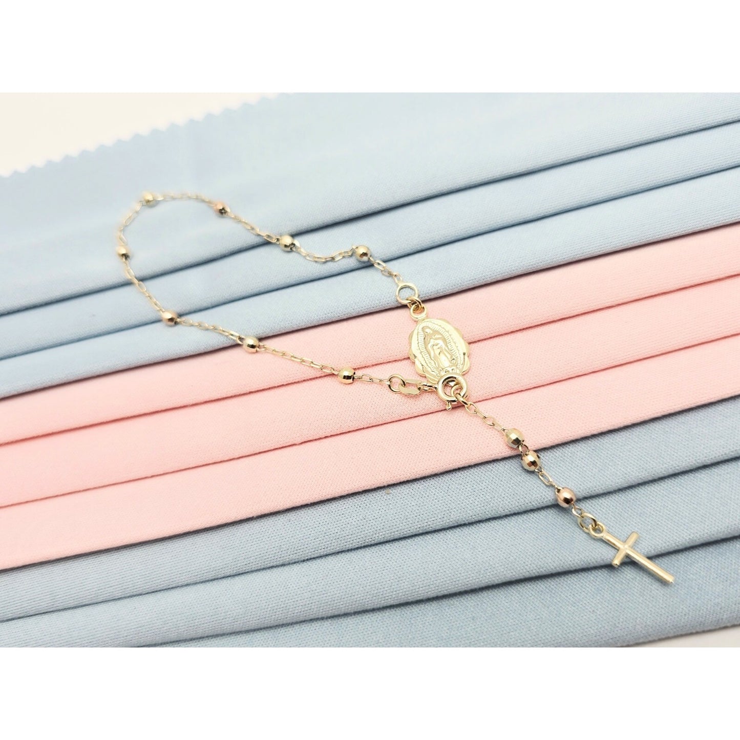 14K Yellow Gold Rosary Bead Ball Resizable Link Chain Bracelet