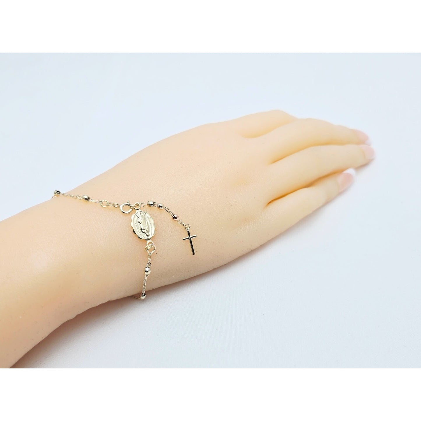 14K Yellow Gold Rosary Bead Ball Resizable Link Chain Bracelet