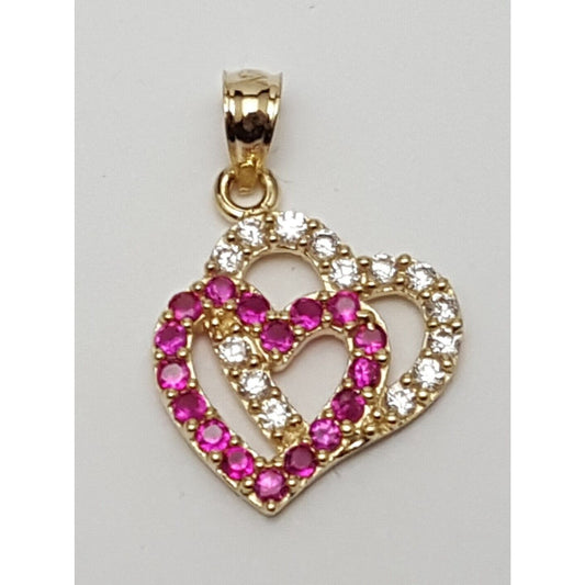 14K Yellow Gold Double Open Heart Red & White CZ Charm Pendant