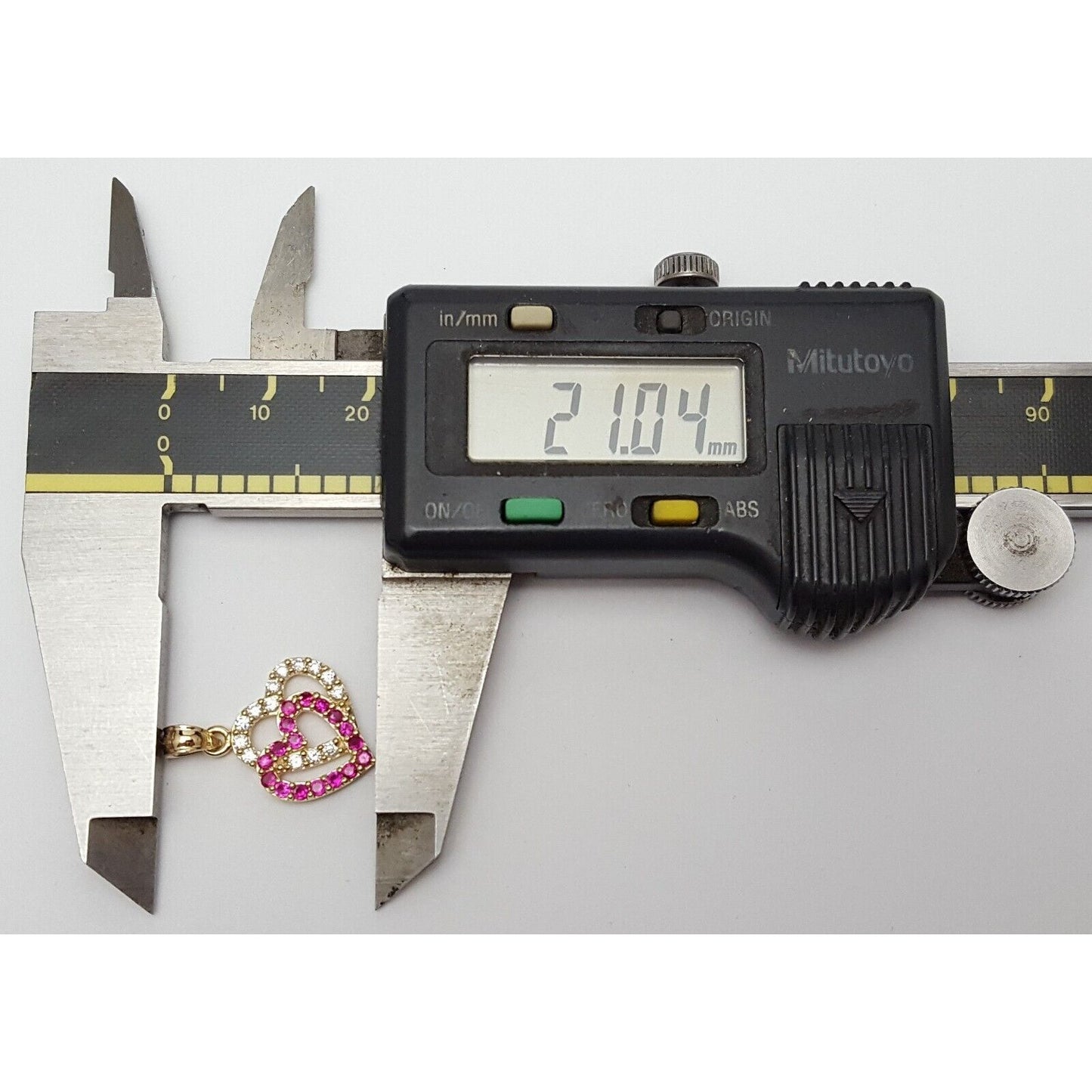 14K Yellow Gold Double Open Heart Red & White CZ Charm Pendant