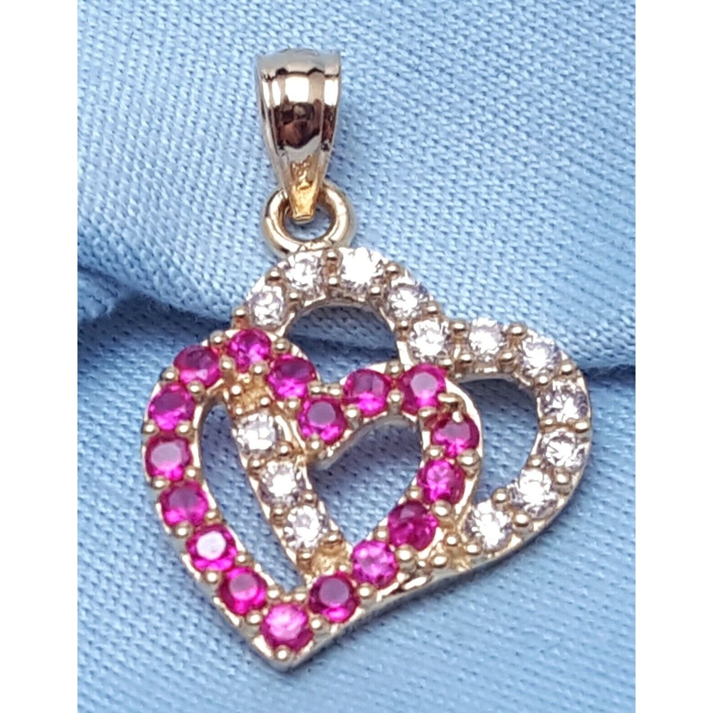 14K Yellow Gold Double Open Heart Red & White CZ Charm Pendant