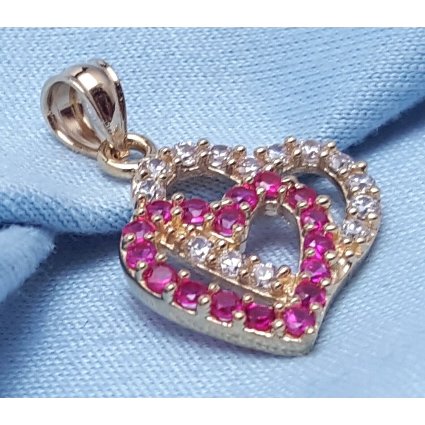 14K Yellow Gold Double Open Heart Red & White CZ Charm Pendant