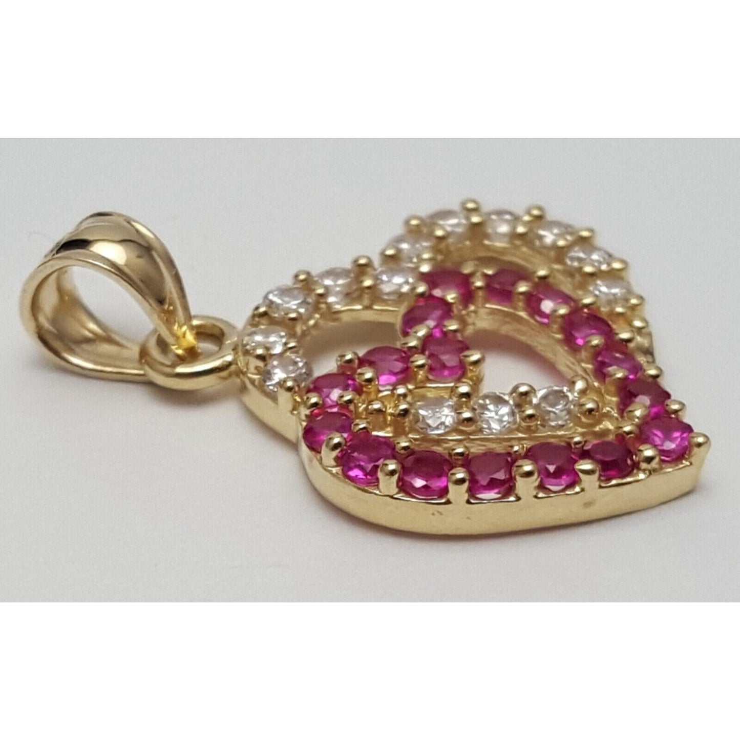 14K Yellow Gold Double Open Heart Red & White CZ Charm Pendant