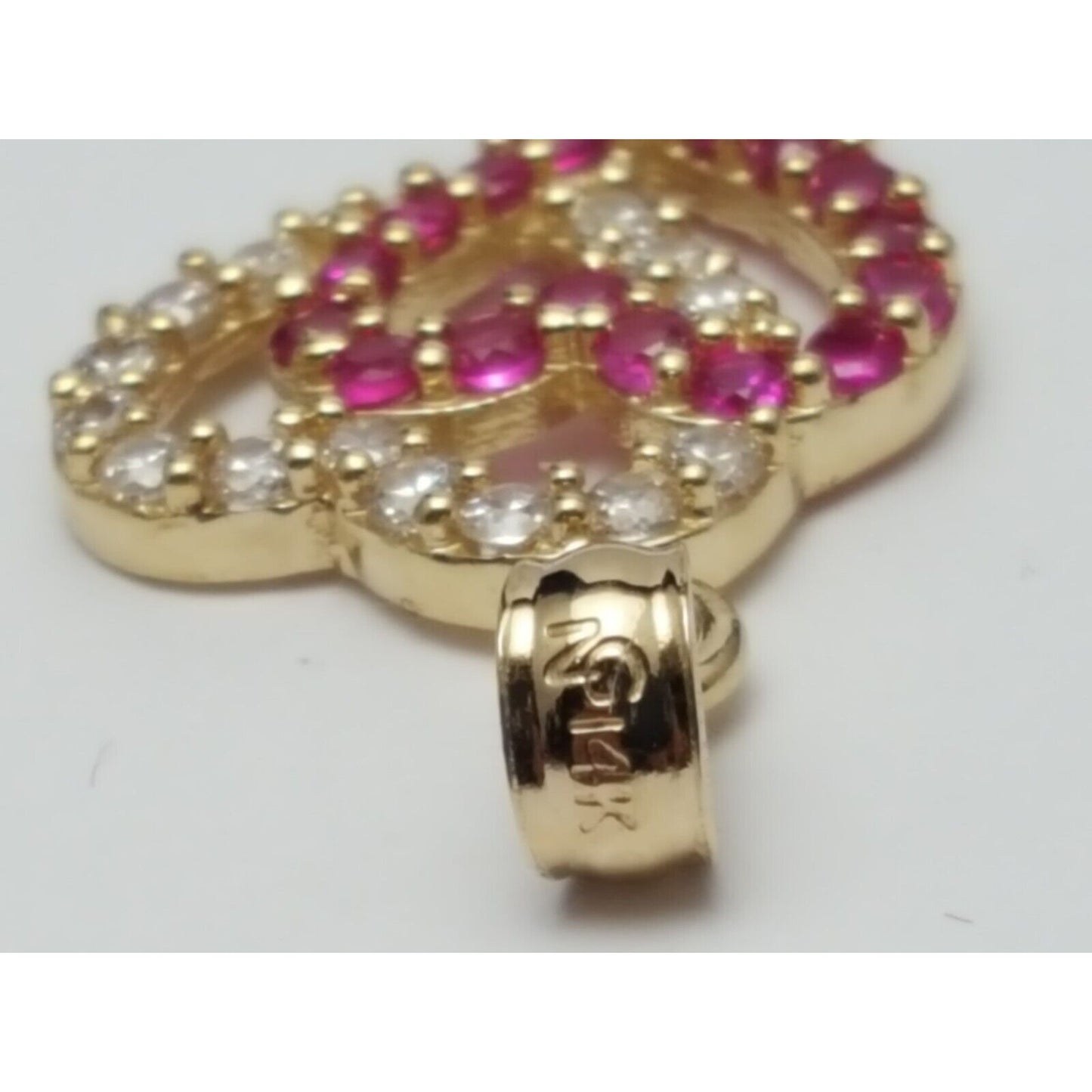 14K Yellow Gold Double Open Heart Red & White CZ Charm Pendant