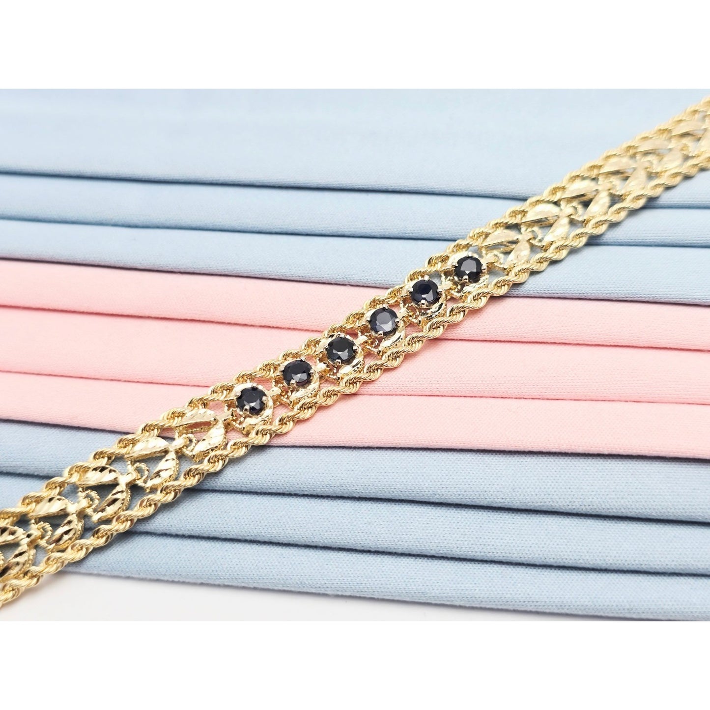 14K Yellow Gold Diamond Cut Double Rope Sapphire Bracelet