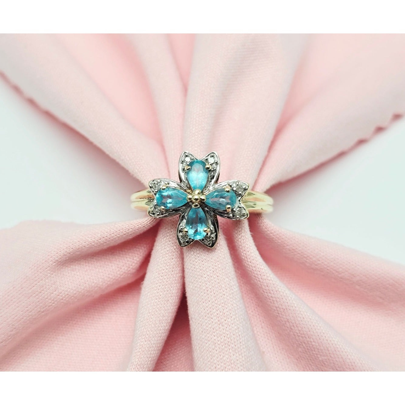 10K Two Tone Gold Green Quartz & Diamond Flower Ring