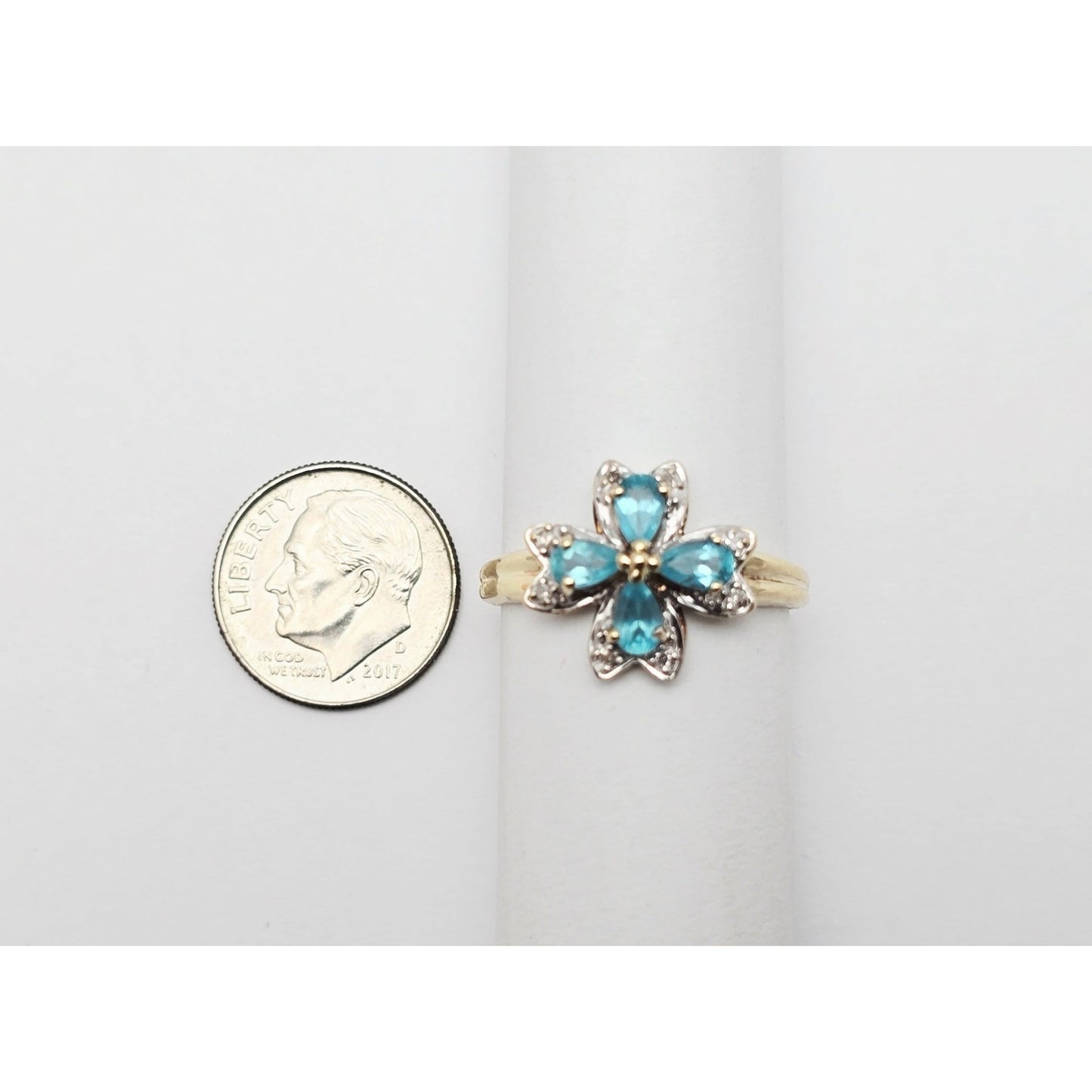 10K Two Tone Gold Green Quartz & Diamond Flower Ring