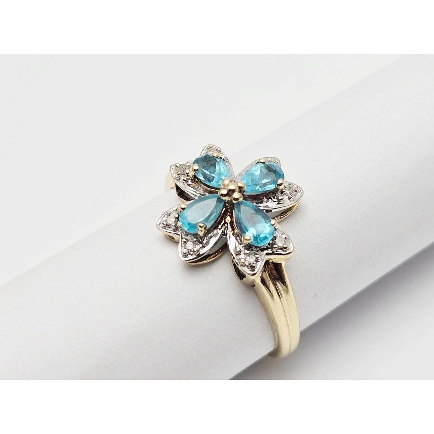10K Two Tone Gold Green Quartz & Diamond Flower Ring