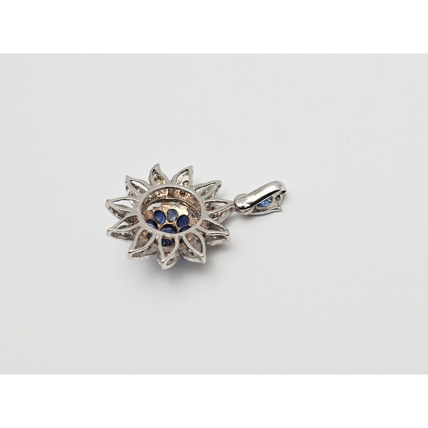 14K White Gold Sapphire & Diamond Flower Charm Pendant
