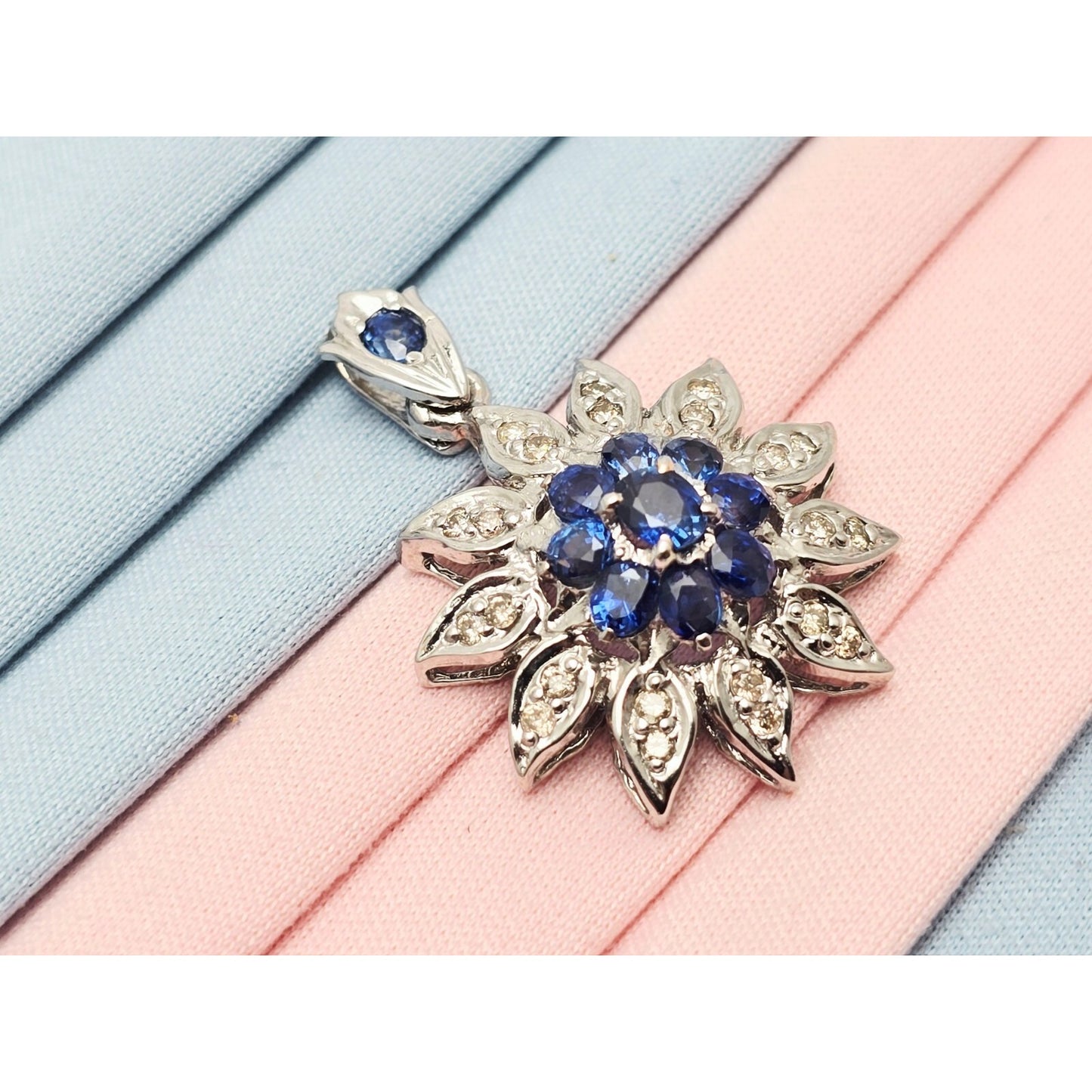 14K White Gold Sapphire & Diamond Flower Charm Pendant