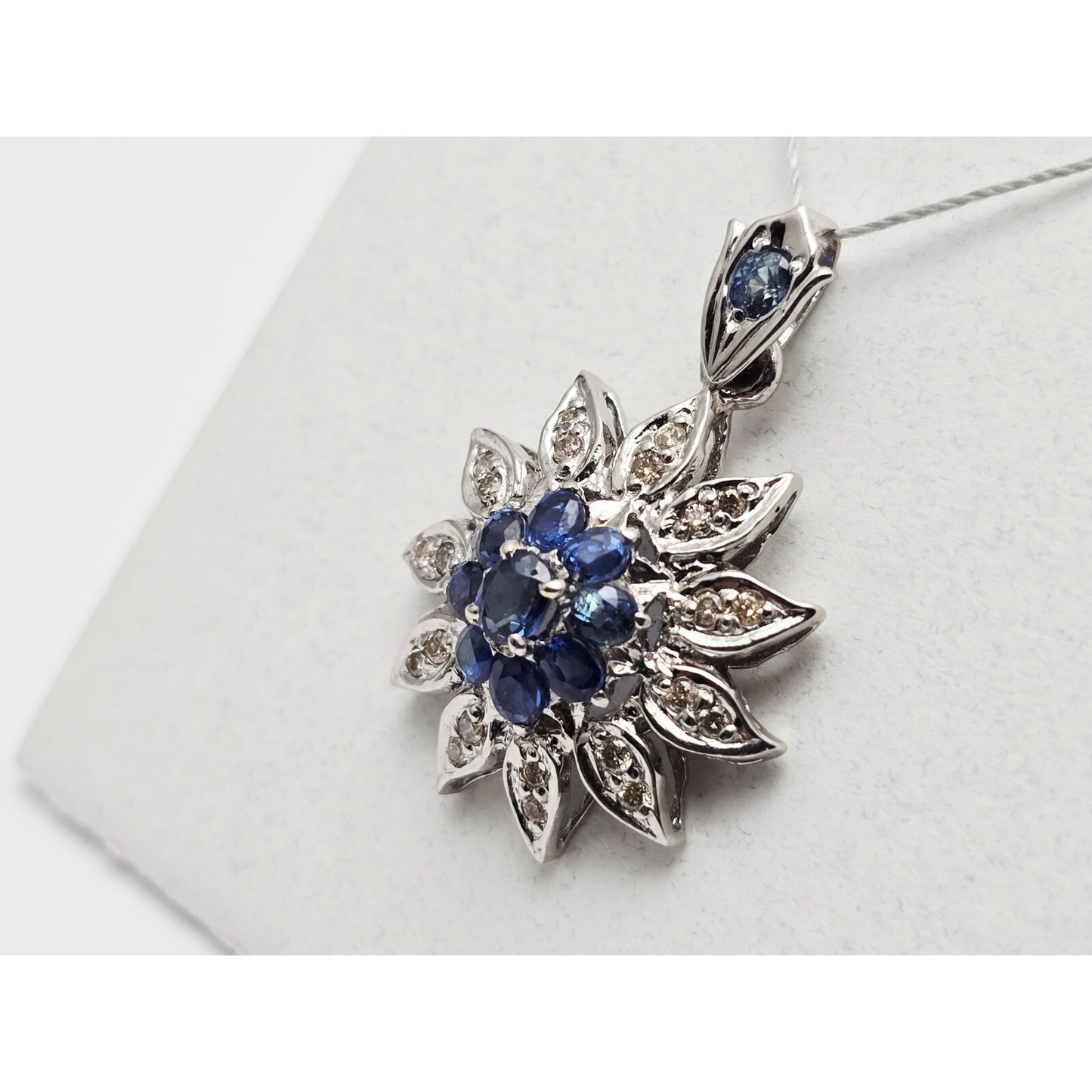 14K White Gold Sapphire & Diamond Flower Charm Pendant