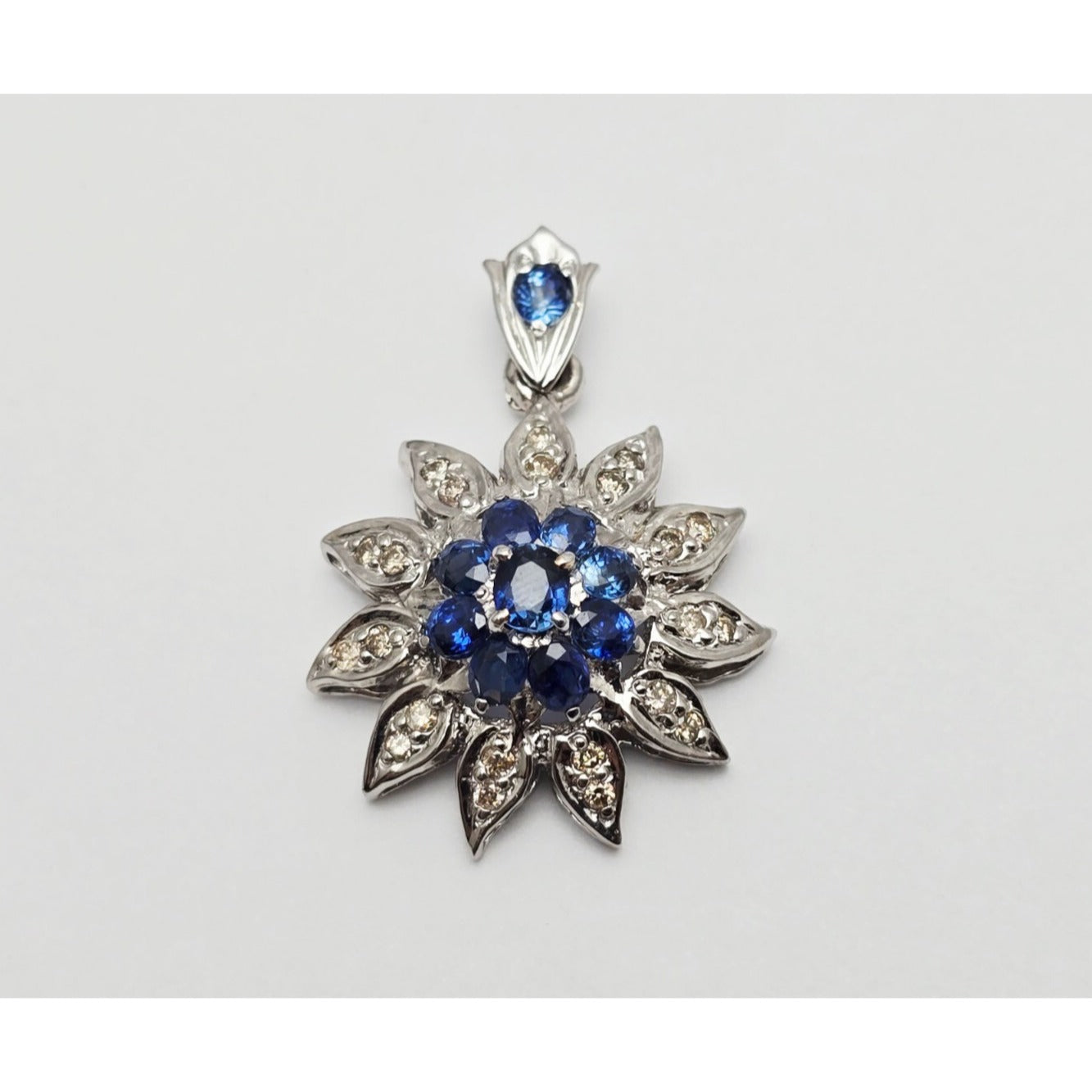14K White Gold Sapphire & Diamond Flower Charm Pendant