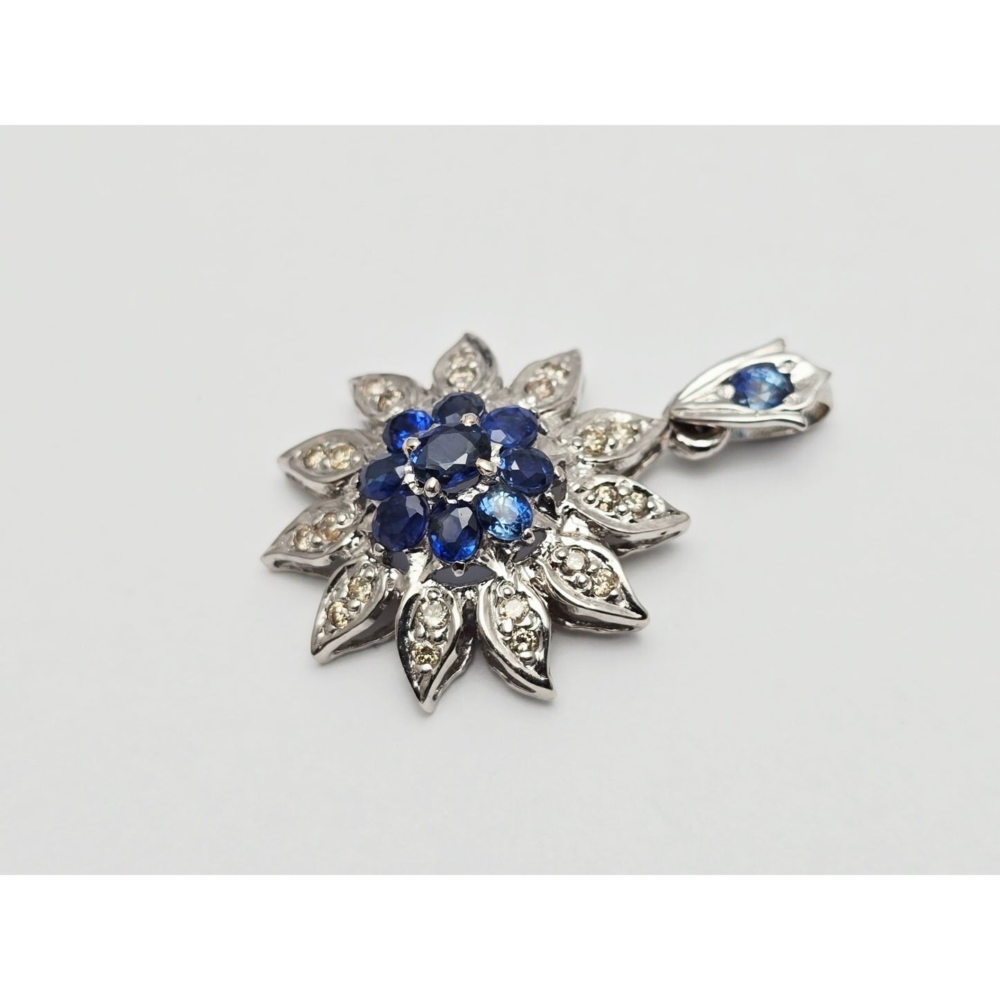 14K White Gold Sapphire & Diamond Flower Charm Pendant