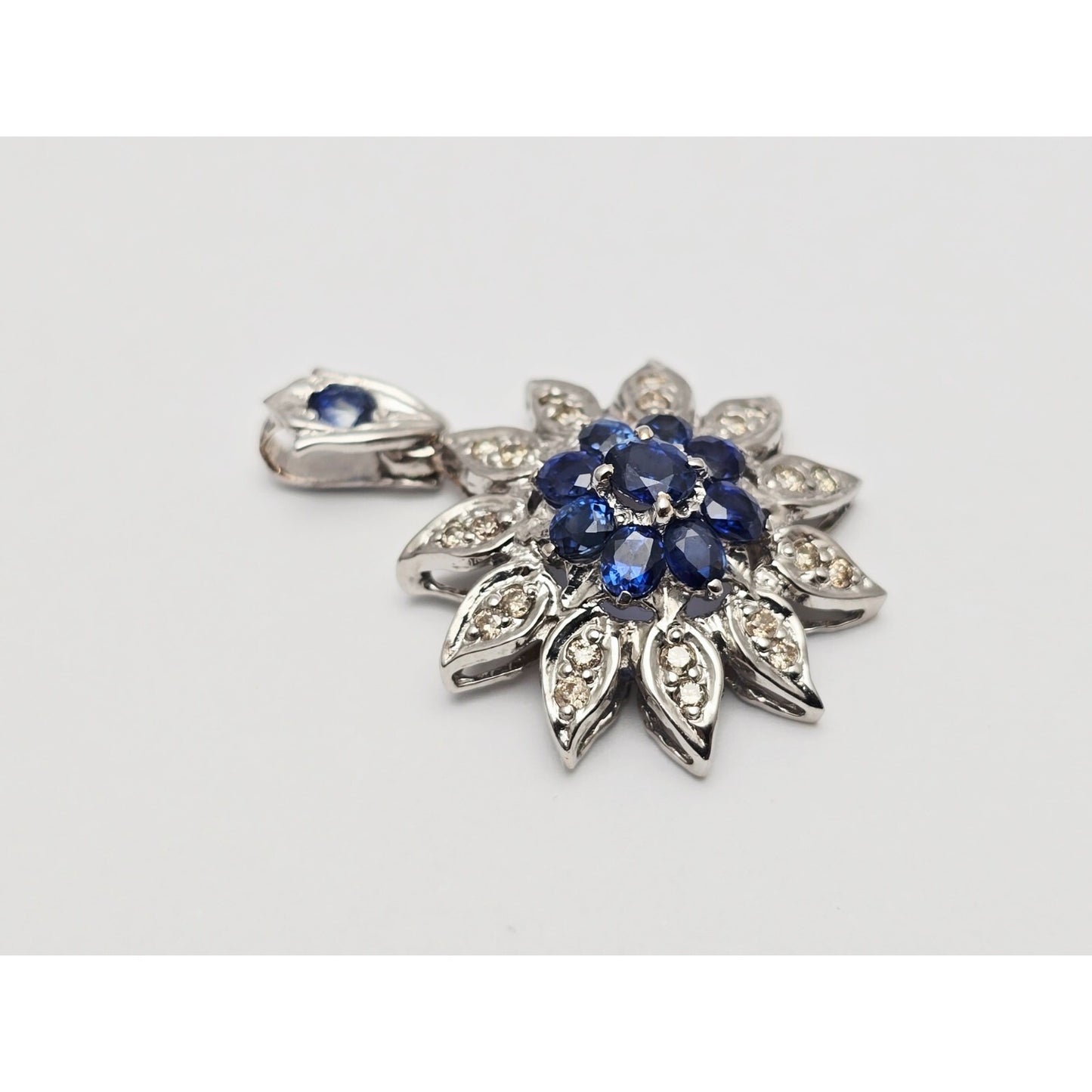 14K White Gold Sapphire & Diamond Flower Charm Pendant