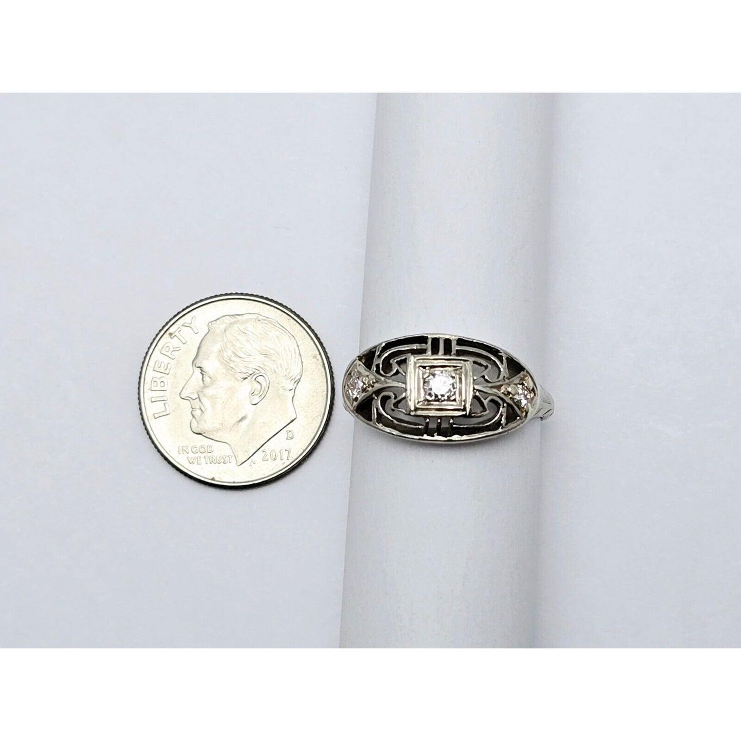 Vintage 14K White Gold 3 Old Cut Diamond Ring