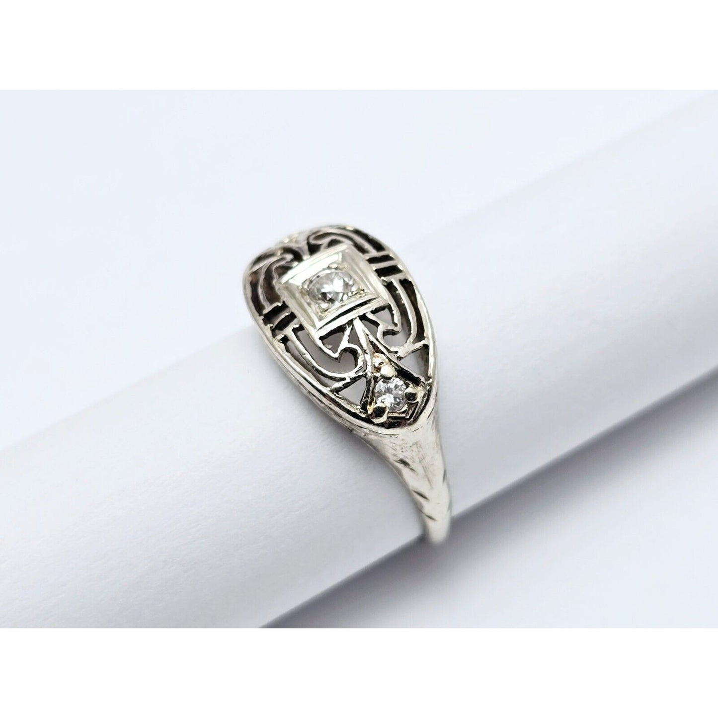 Vintage 14K White Gold 3 Old Cut Diamond Ring