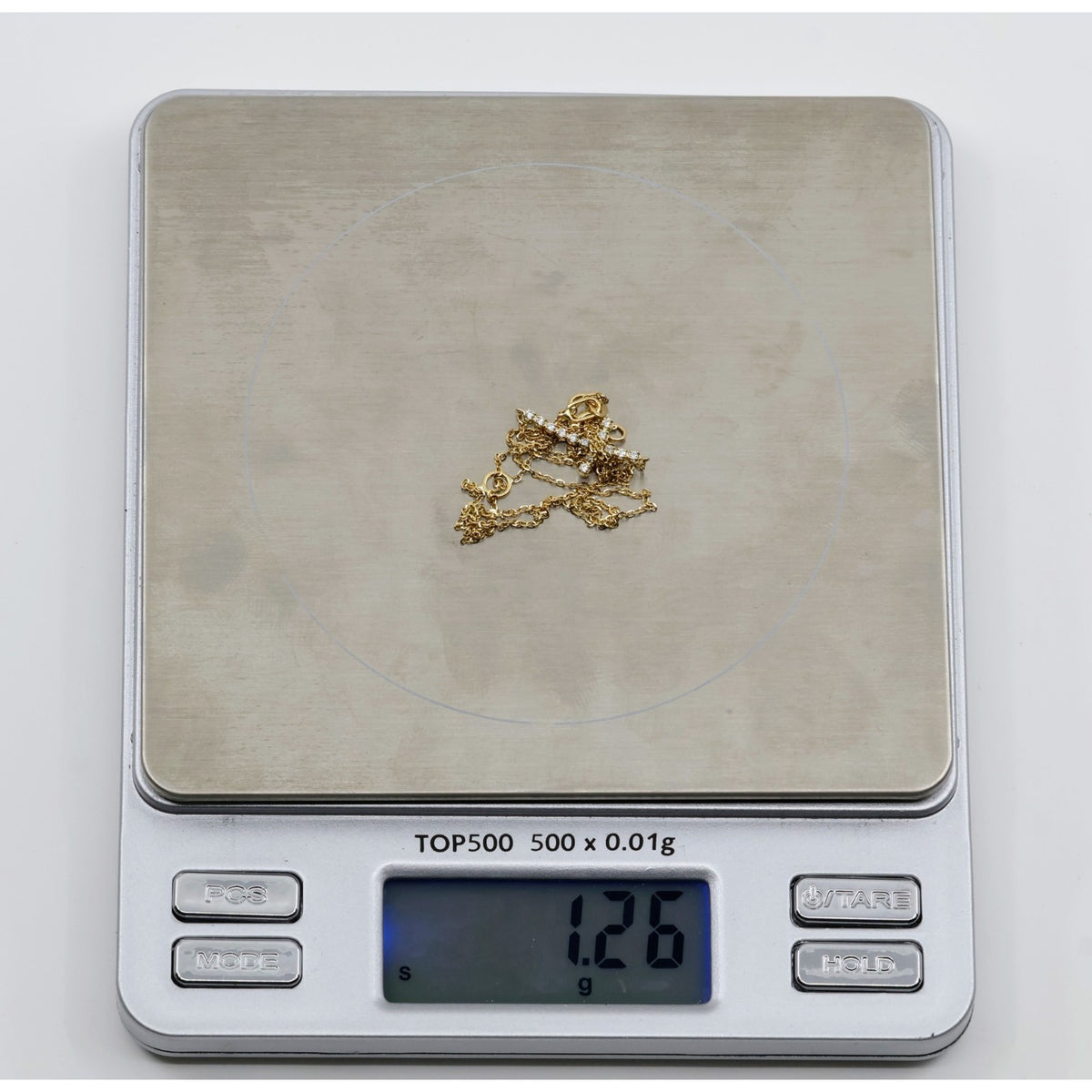 Thin 14K Yellow Gold Diamond Sideways Cross Pendant Resizable Chain Necklace