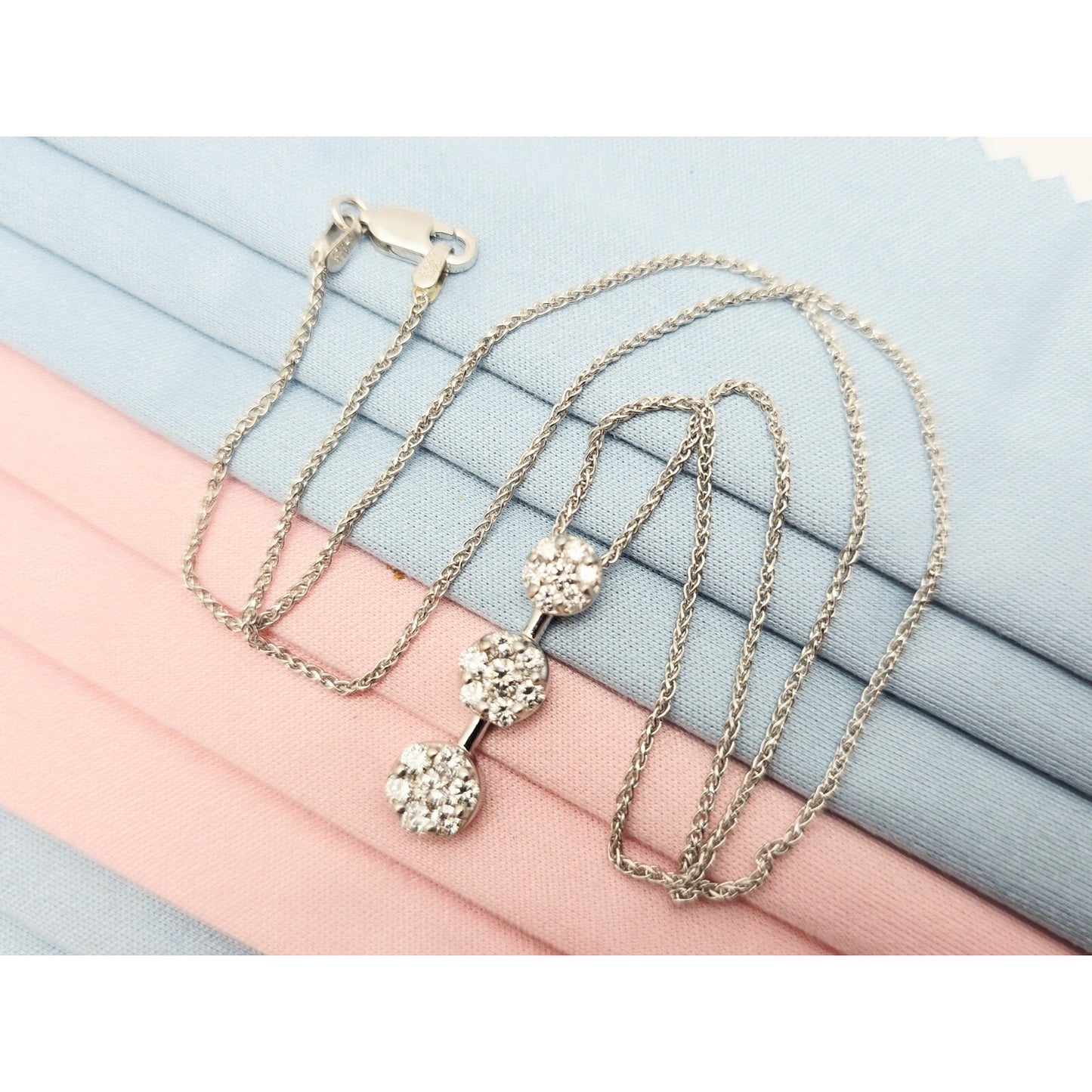 14K White Gold Mesh Link Chain Necklace & Triple Diamond Round Charm Pendant