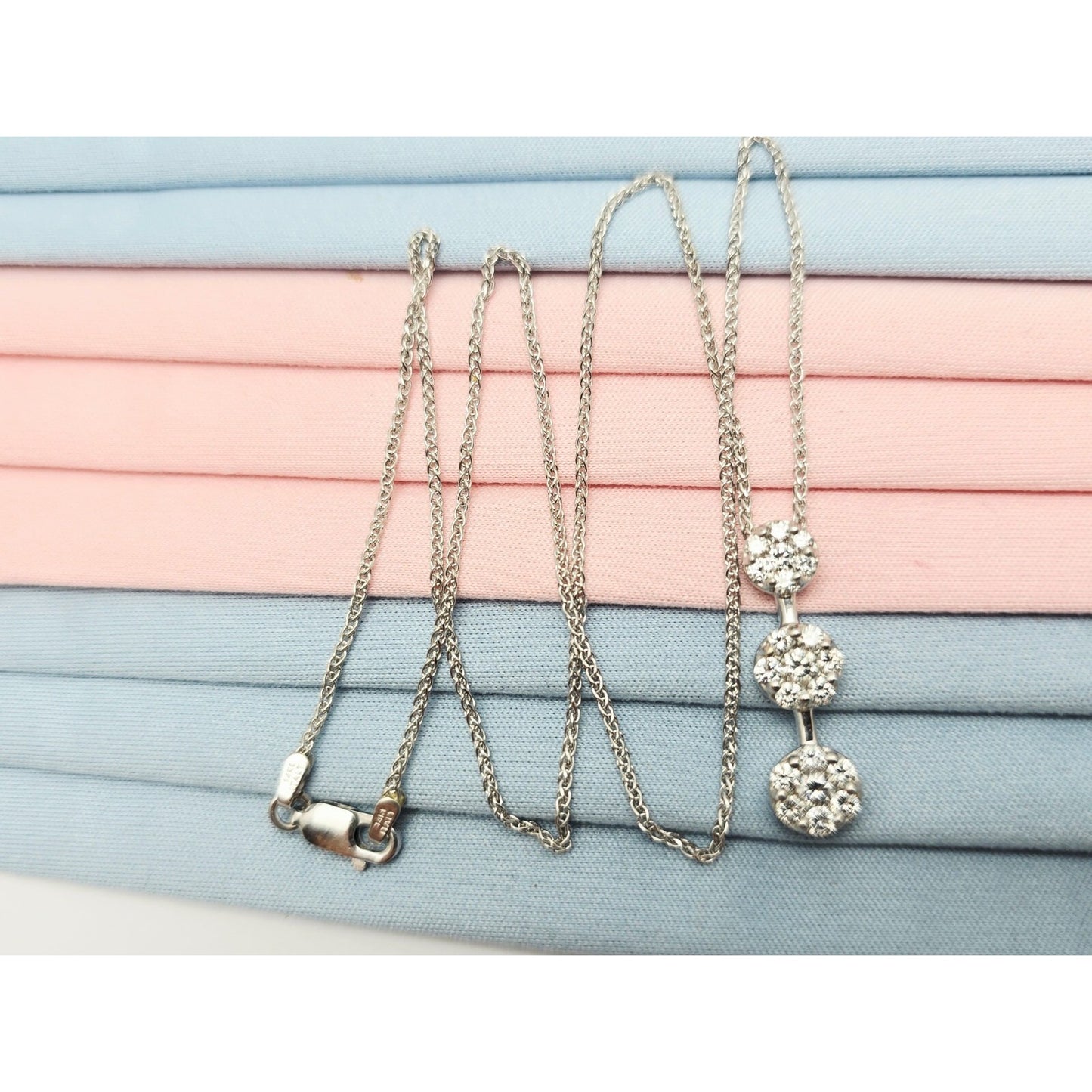 14K White Gold Mesh Link Chain Necklace & Triple Diamond Round Charm Pendant