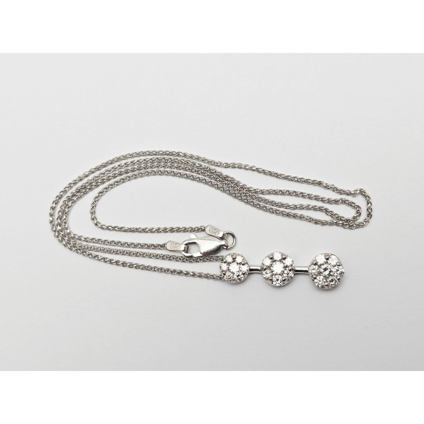 14K White Gold Mesh Link Chain Necklace & Triple Diamond Round Charm Pendant