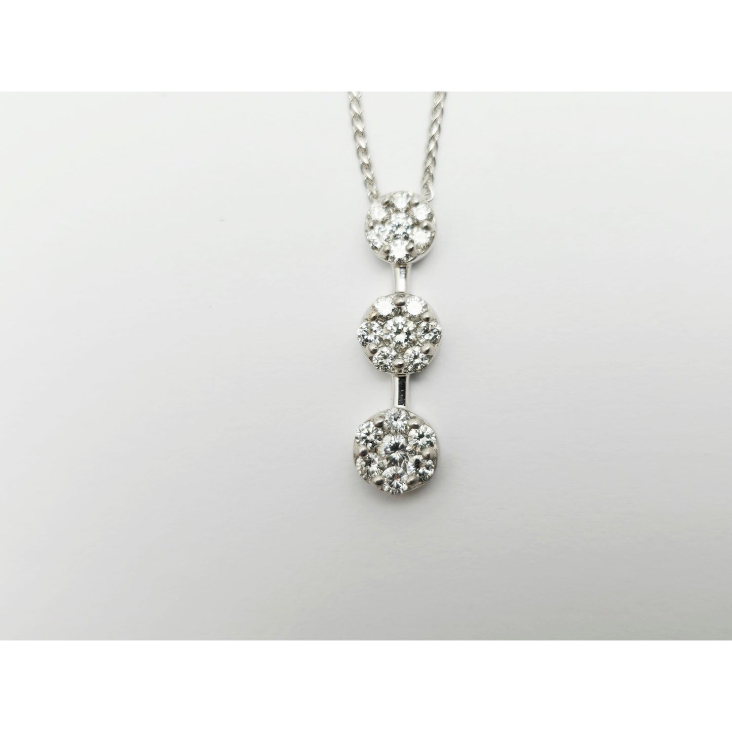 14K White Gold Mesh Link Chain Necklace & Triple Diamond Round Charm Pendant