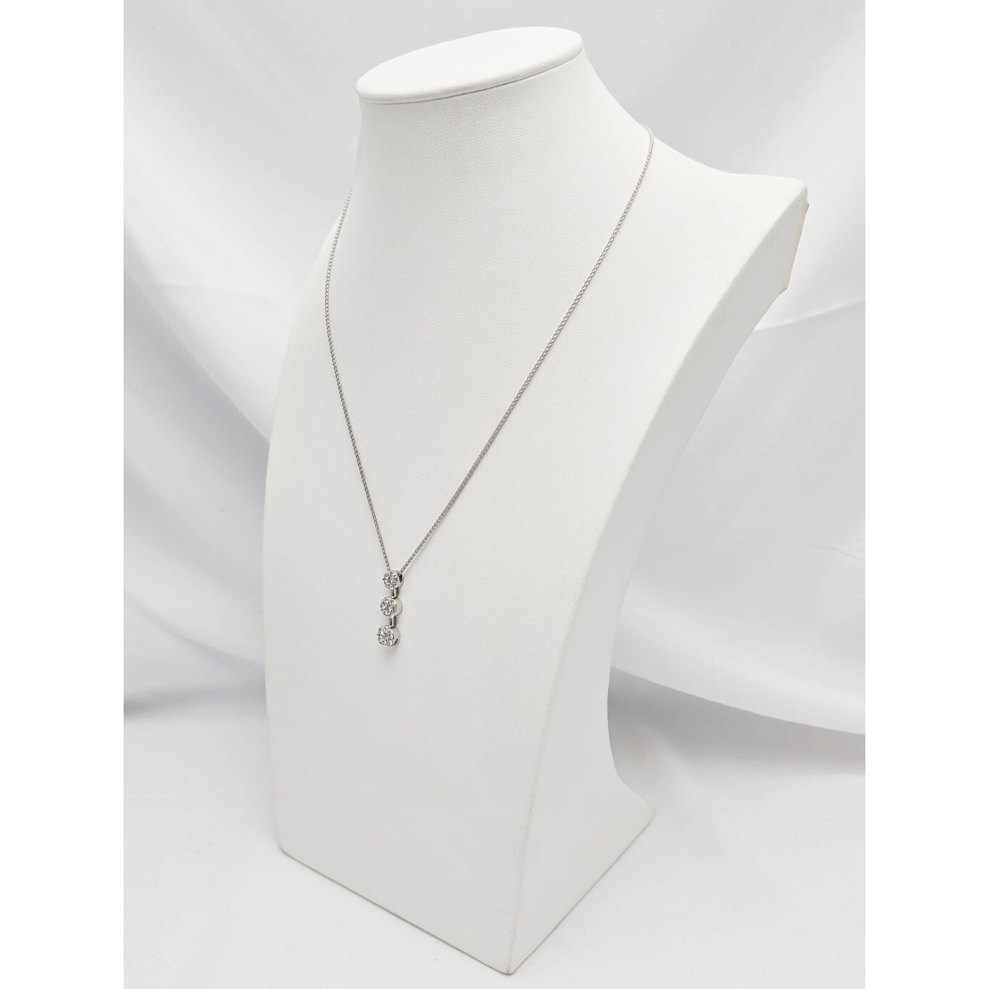 14K White Gold Mesh Link Chain Necklace & Triple Diamond Round Charm Pendant