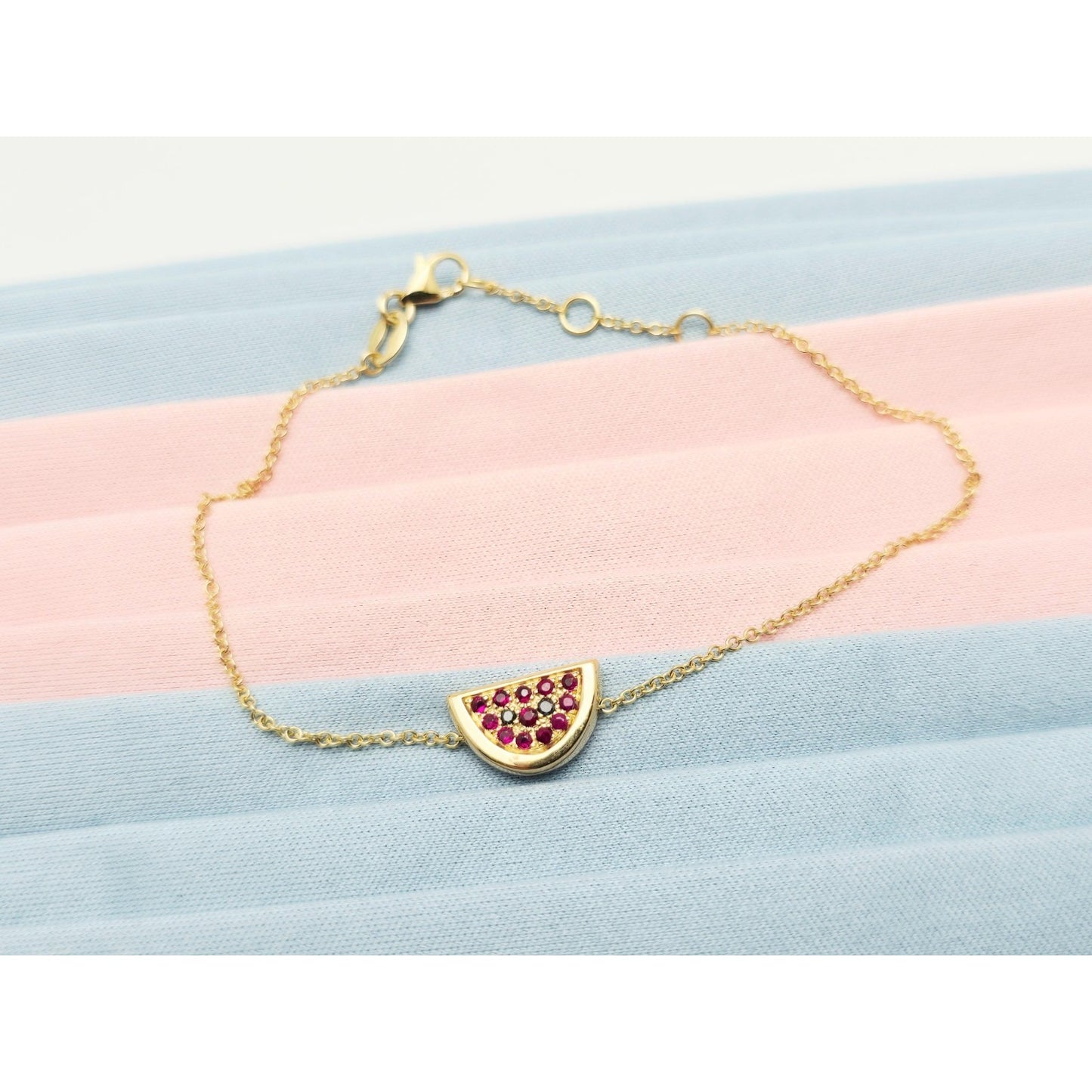 18K Yellow Gold Spinel & Black Diamond Watermelon Resizable Link Charm Bracelet