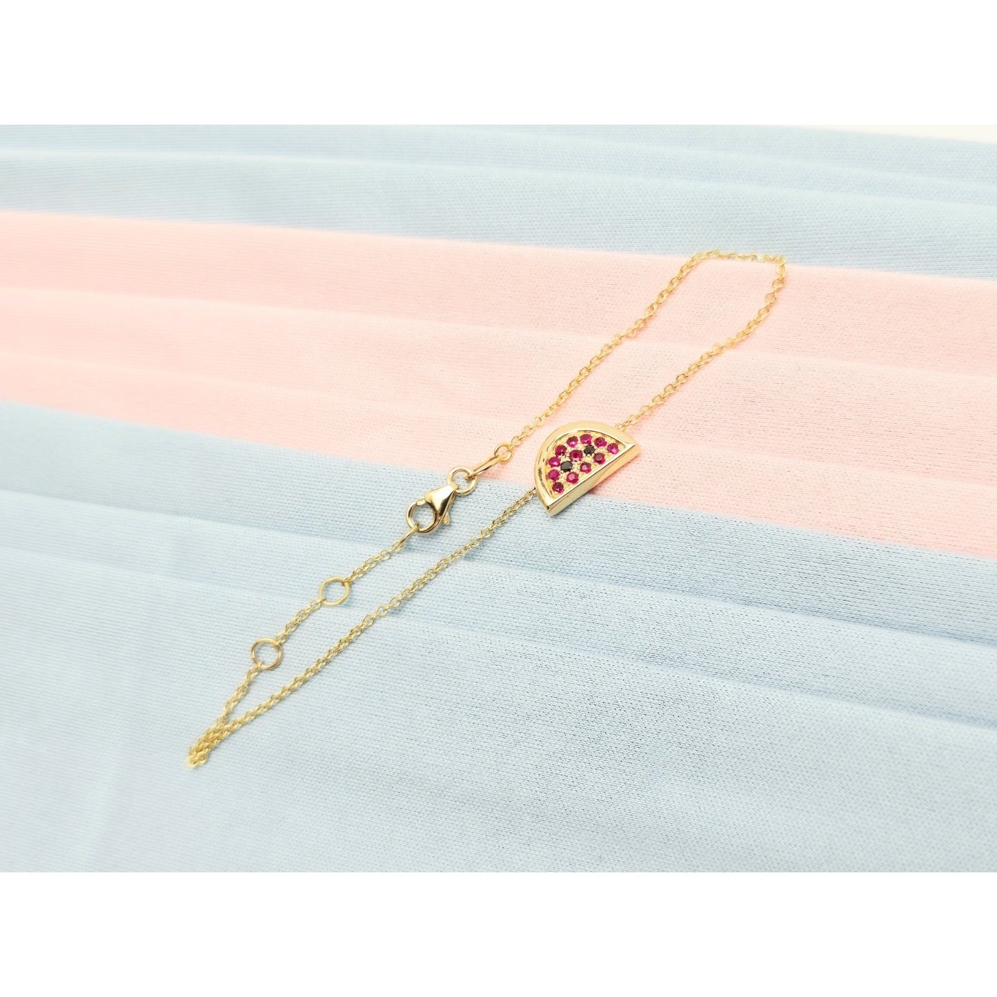 18K Yellow Gold Spinel & Black Diamond Watermelon Resizable Link Charm Bracelet