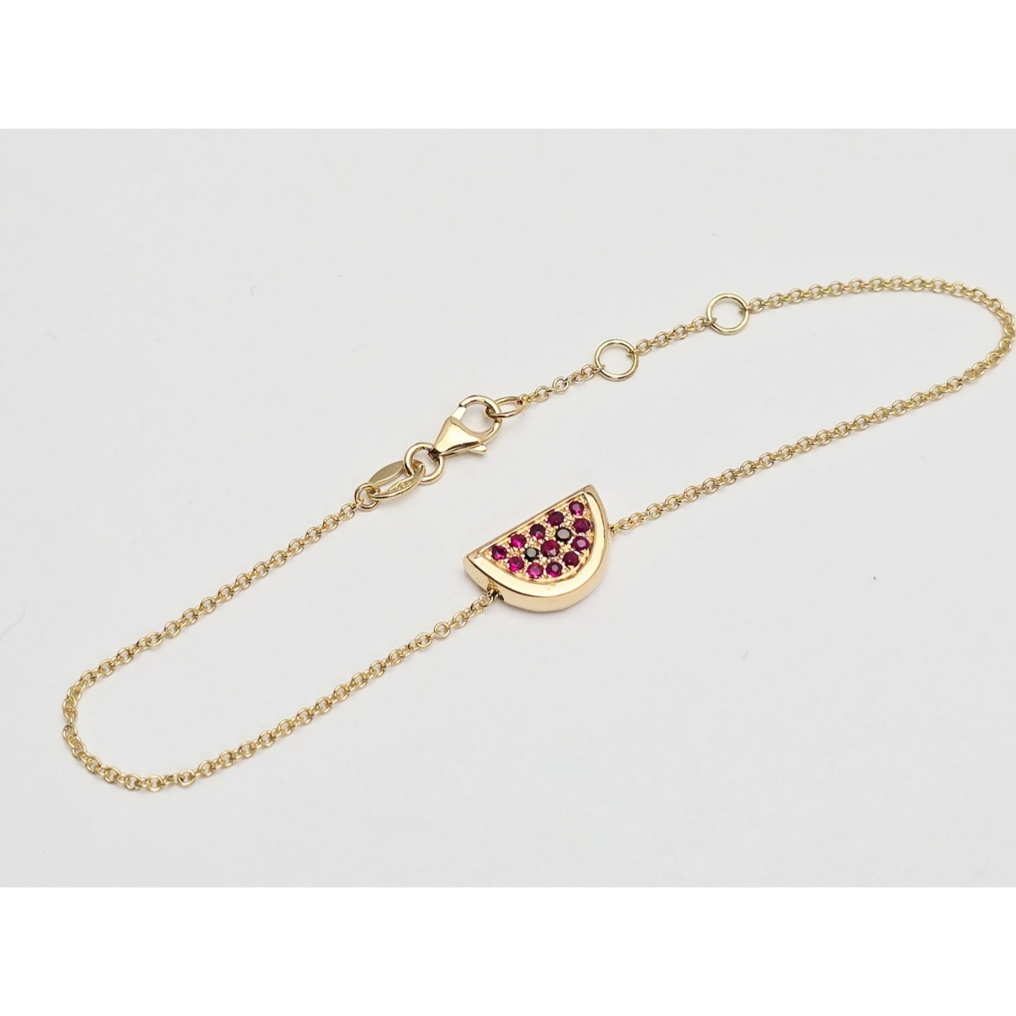 18K Yellow Gold Spinel & Black Diamond Watermelon Resizable Link Charm Bracelet