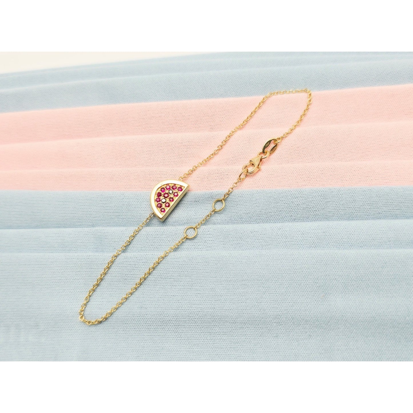 18K Yellow Gold Spinel & Black Diamond Watermelon Resizable Link Charm Bracelet