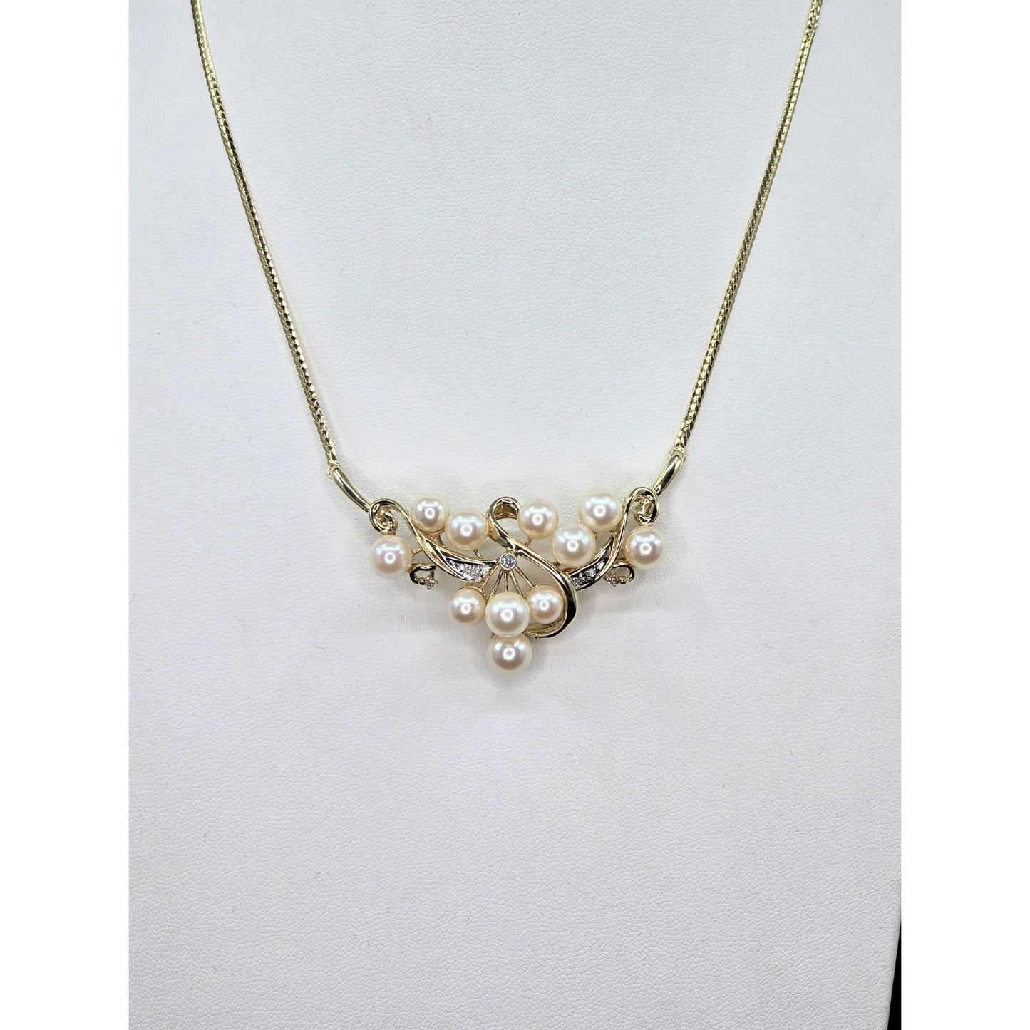 14K Yellow Gold Pearl & Diamond Resizable Choker Flat Link Chain Necklace