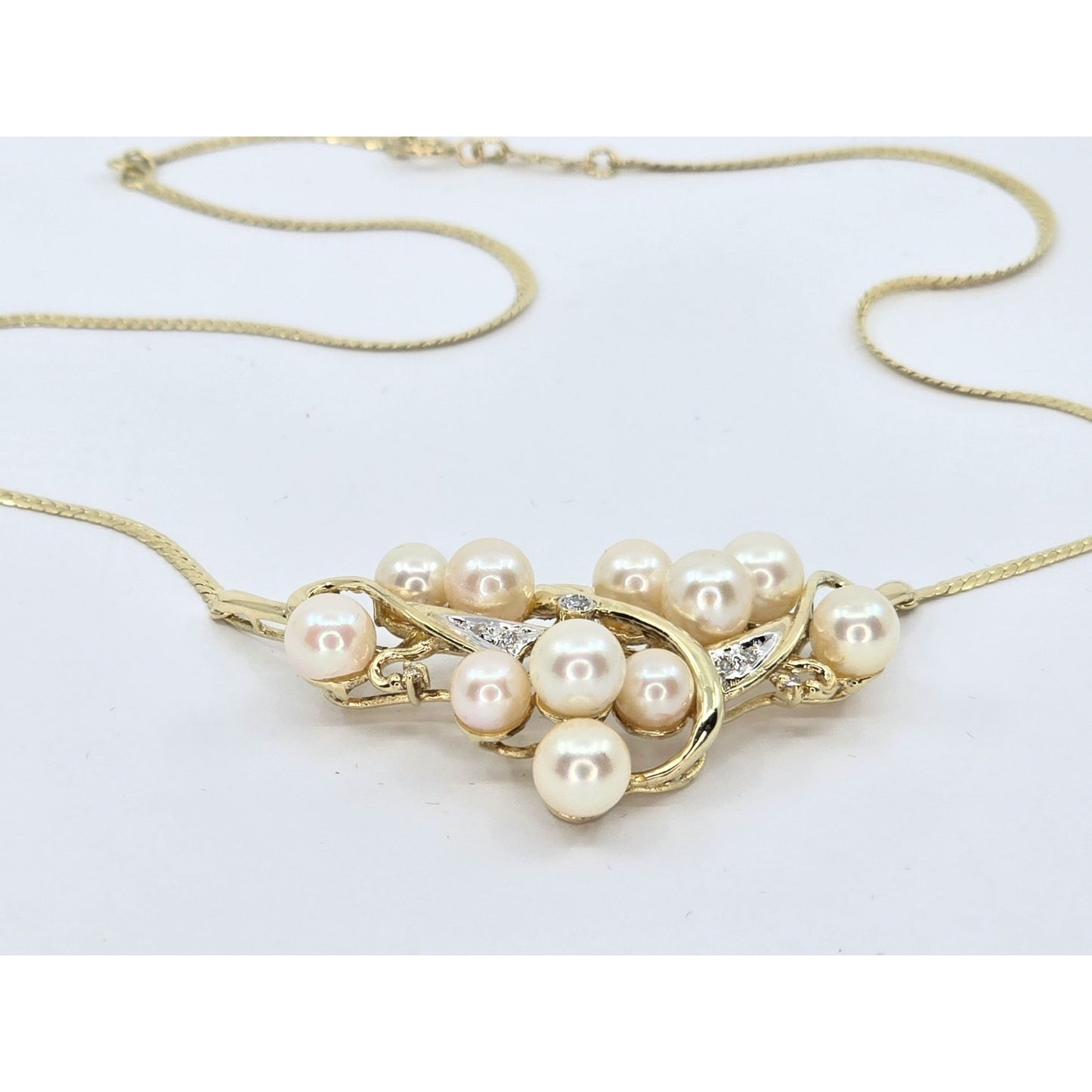 14K Yellow Gold Pearl & Diamond Resizable Choker Flat Link Chain Necklace