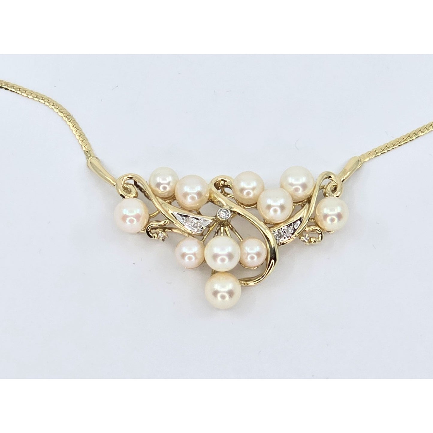 14K Yellow Gold Pearl & Diamond Resizable Choker Flat Link Chain Necklace