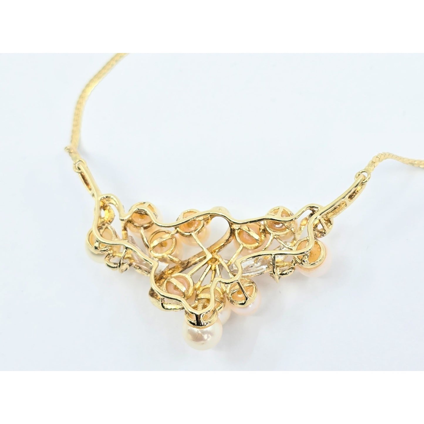 14K Yellow Gold Pearl & Diamond Resizable Choker Flat Link Chain Necklace