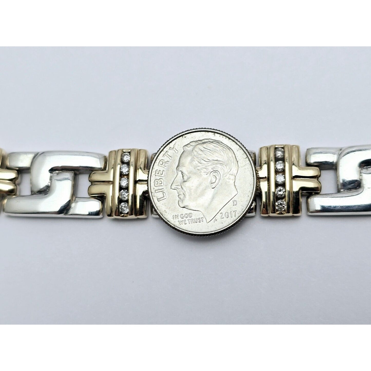 10K Yellow Gold & 925 Sterling Silver Diamond Link Bracelet