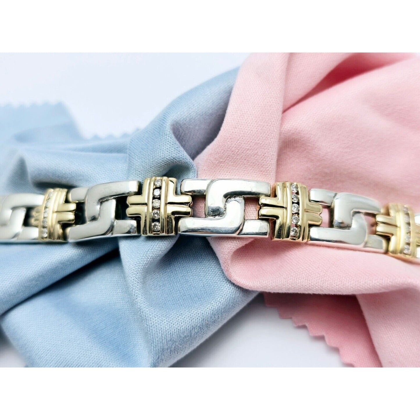 10K Yellow Gold & 925 Sterling Silver Diamond Link Bracelet