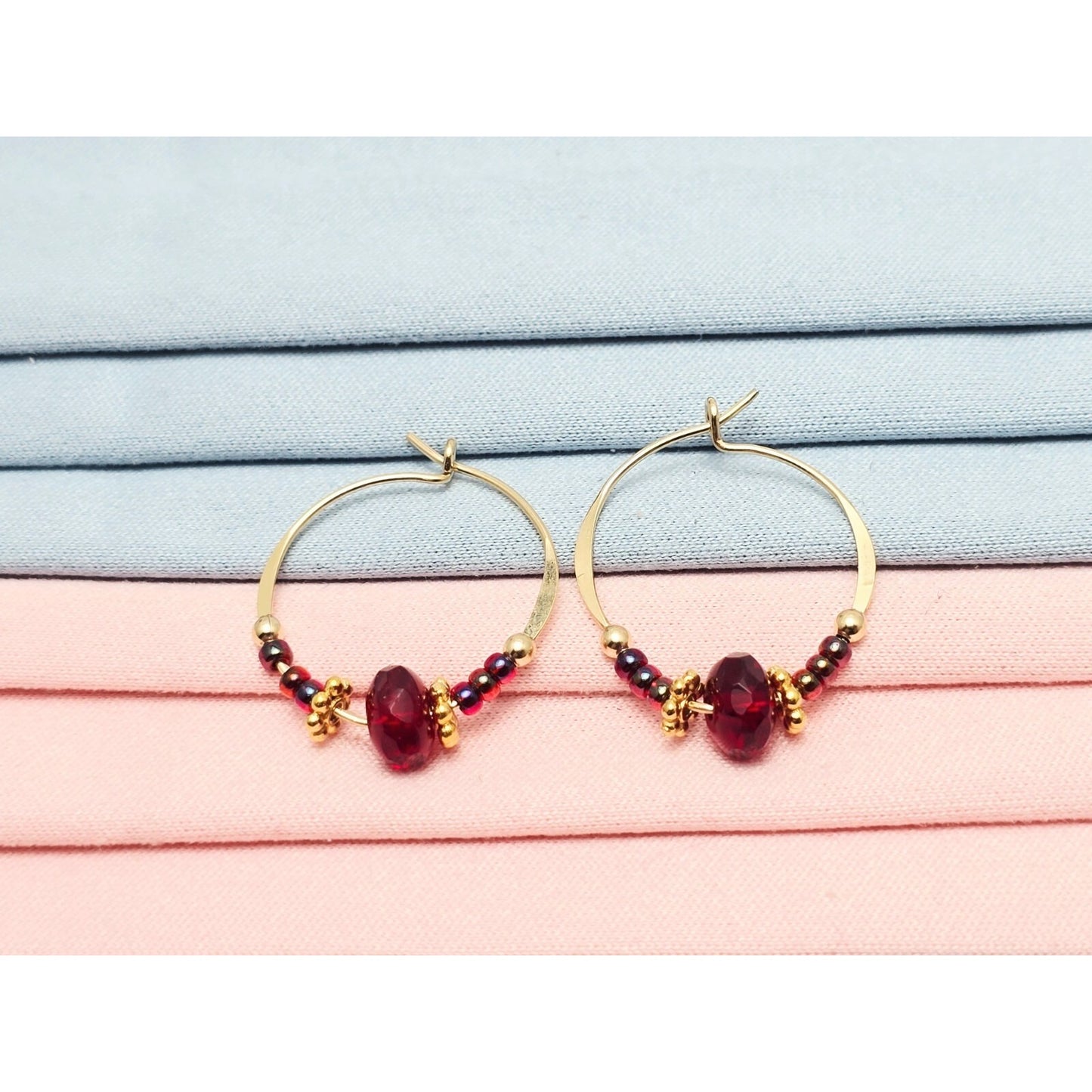 10K Yellow Gold Red Beaded Crystal Hoop Hook Earrings