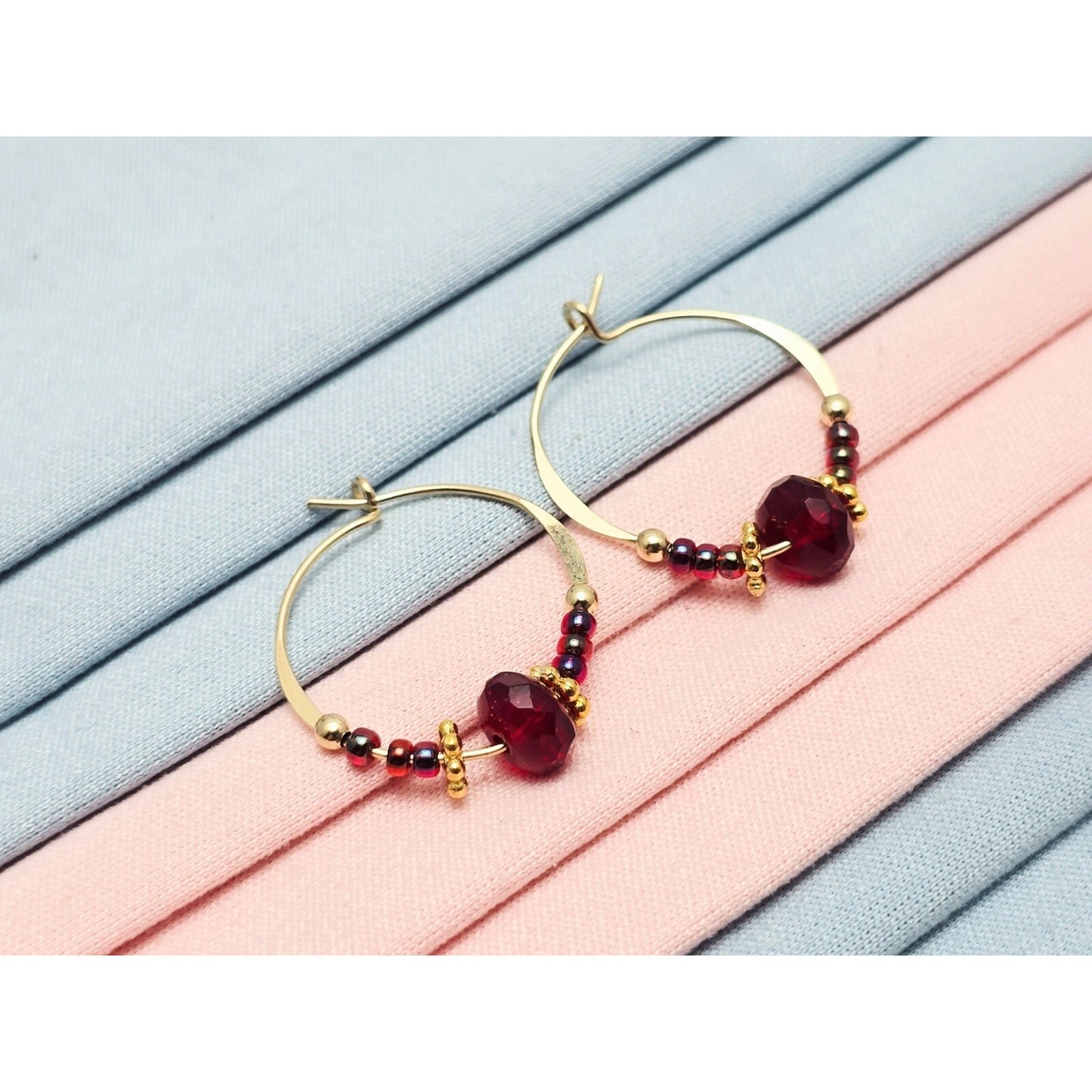 10K Yellow Gold Red Beaded Crystal Hoop Hook Earrings
