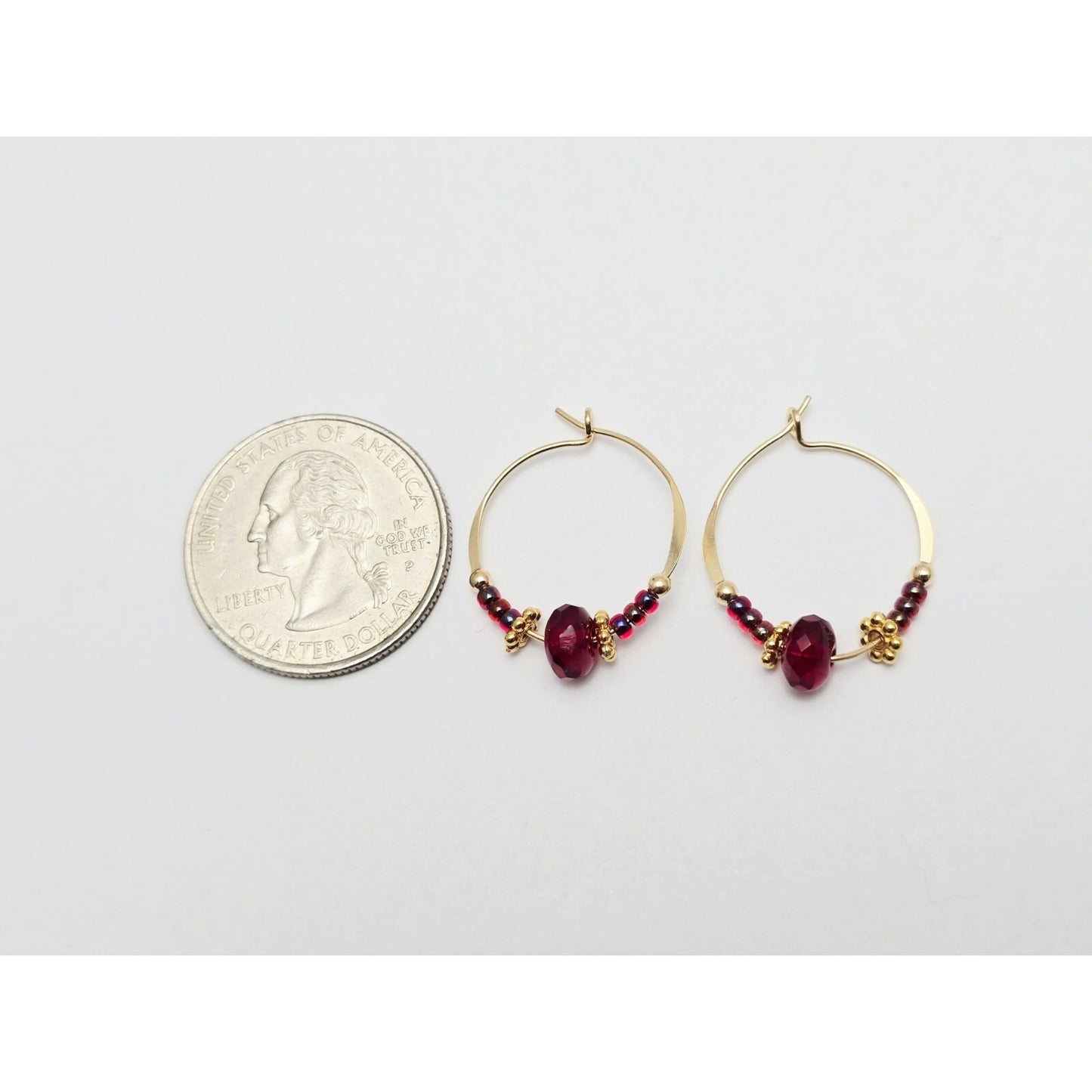 10K Yellow Gold Red Beaded Crystal Hoop Hook Earrings