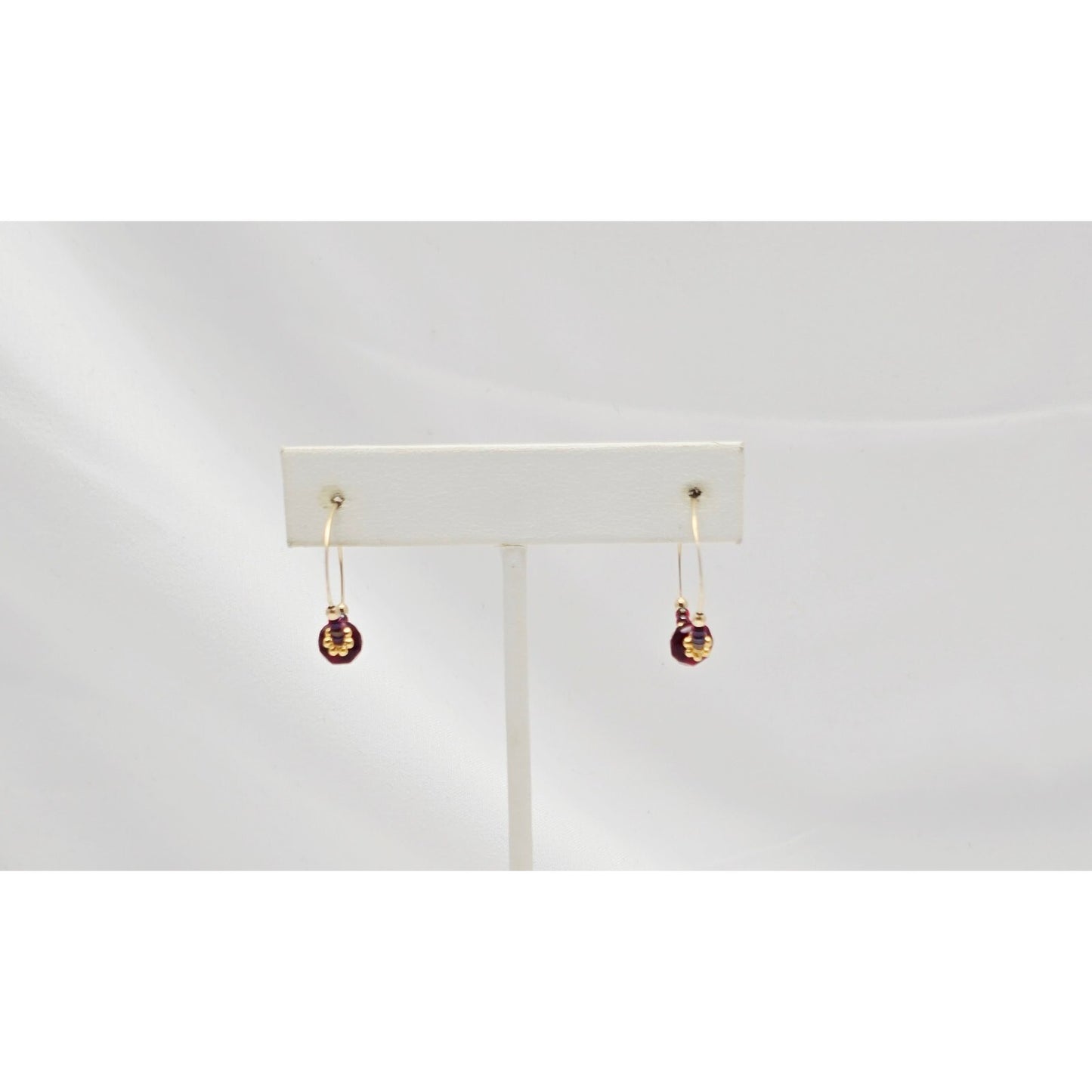 10K Yellow Gold Red Beaded Crystal Hoop Hook Earrings