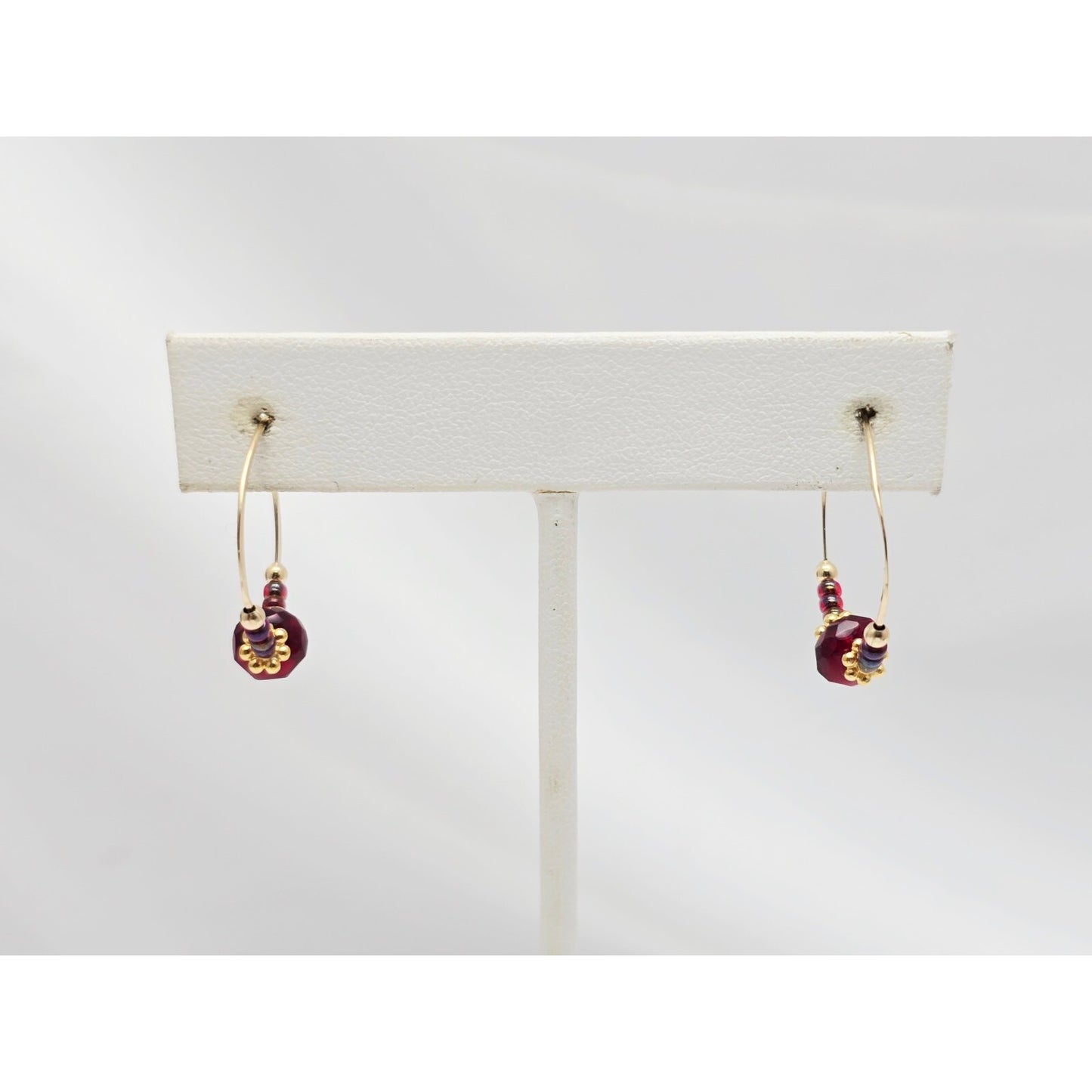10K Yellow Gold Red Beaded Crystal Hoop Hook Earrings