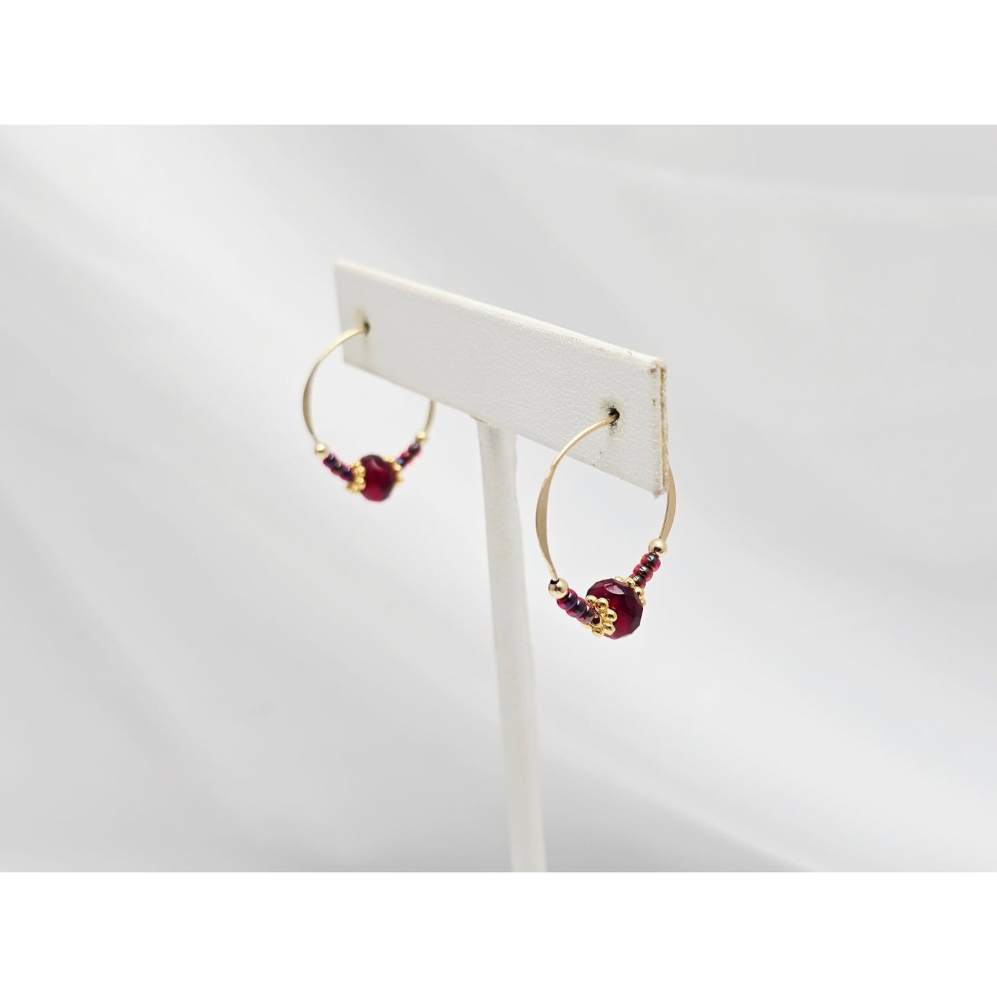 10K Yellow Gold Red Beaded Crystal Hoop Hook Earrings