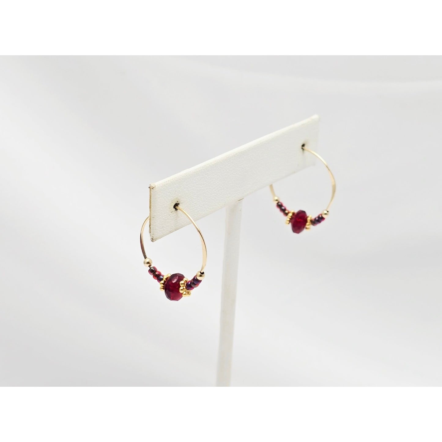 10K Yellow Gold Red Beaded Crystal Hoop Hook Earrings