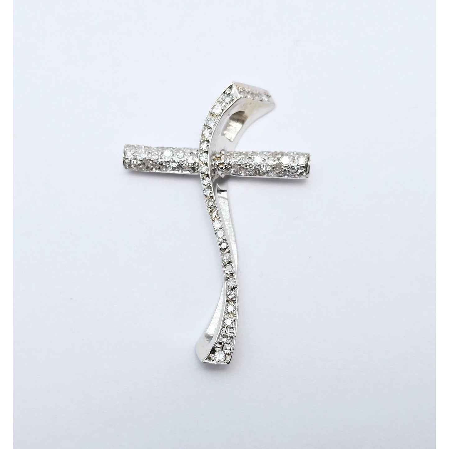 14K White Gold Diamond Wavy Cross Pendant Charm