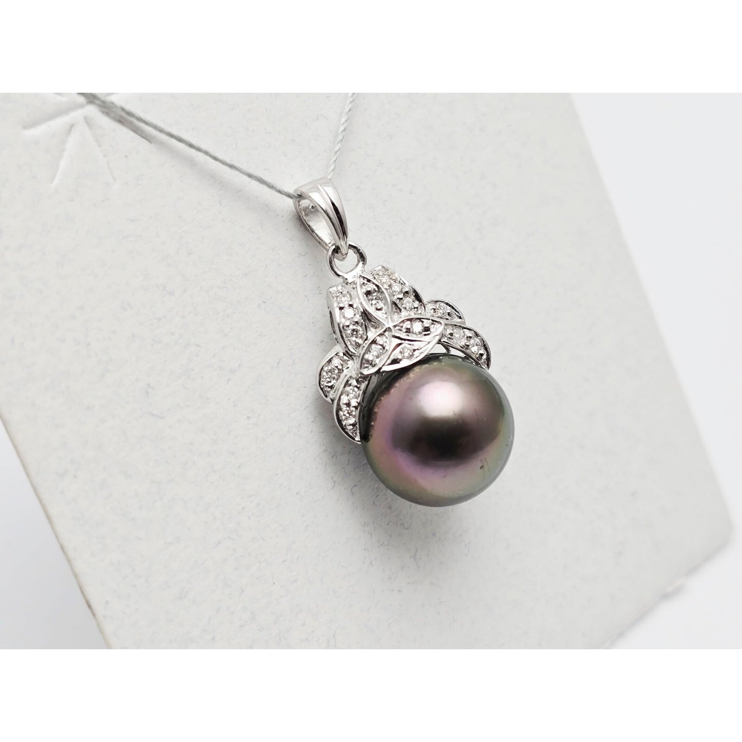 14K White Gold Tahitian Pearl & Diamond Drop Dangle Charm Pendant