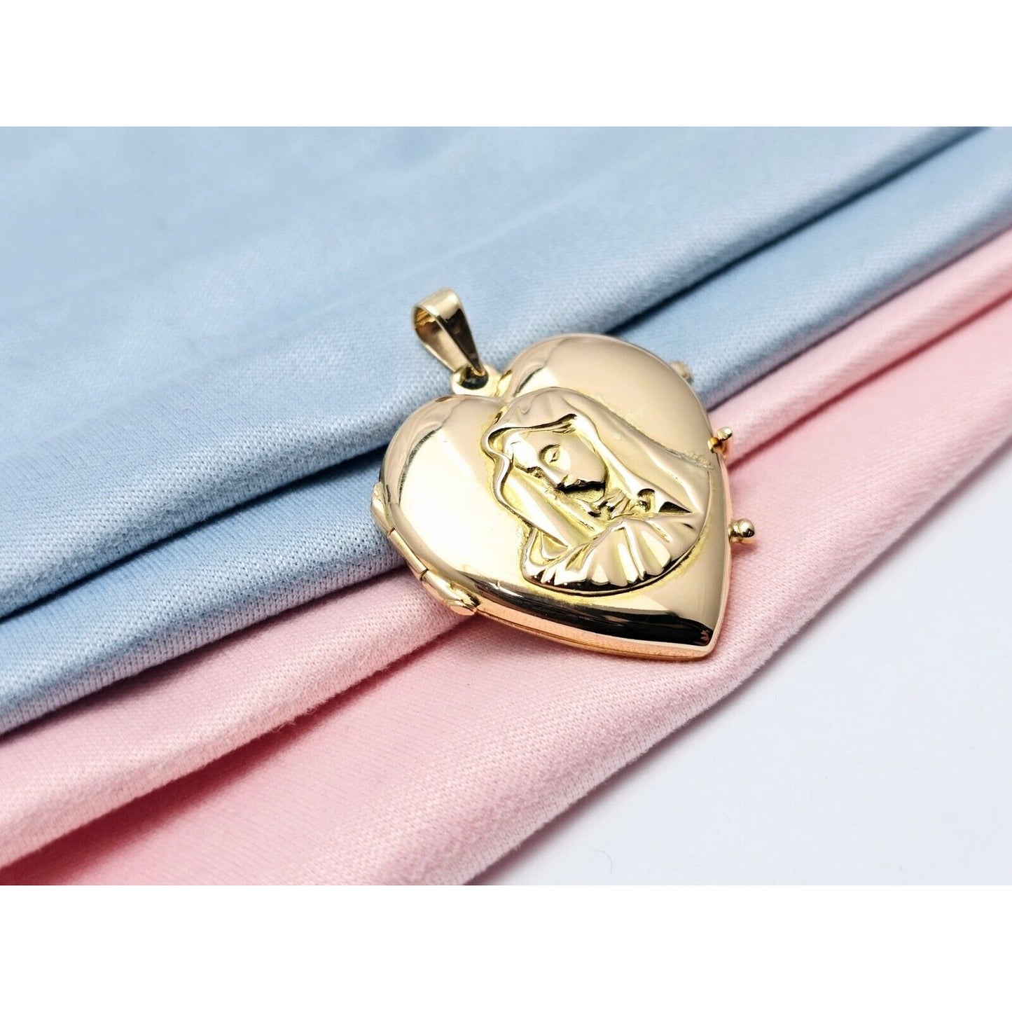 18K Yellow Gold Saint Mary Heart Locket Charm Pendant