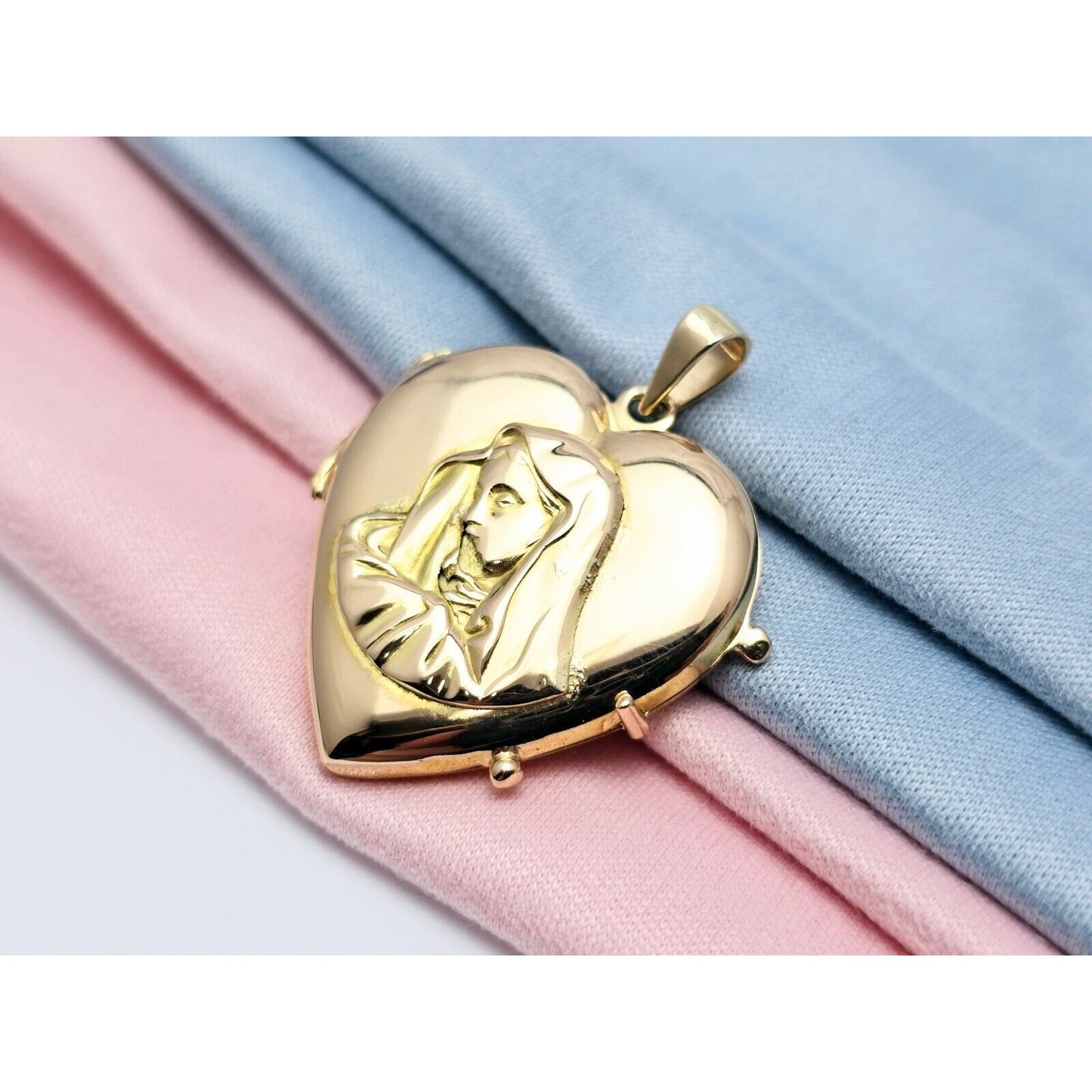 18K Yellow Gold Saint Mary Heart Locket Charm Pendant