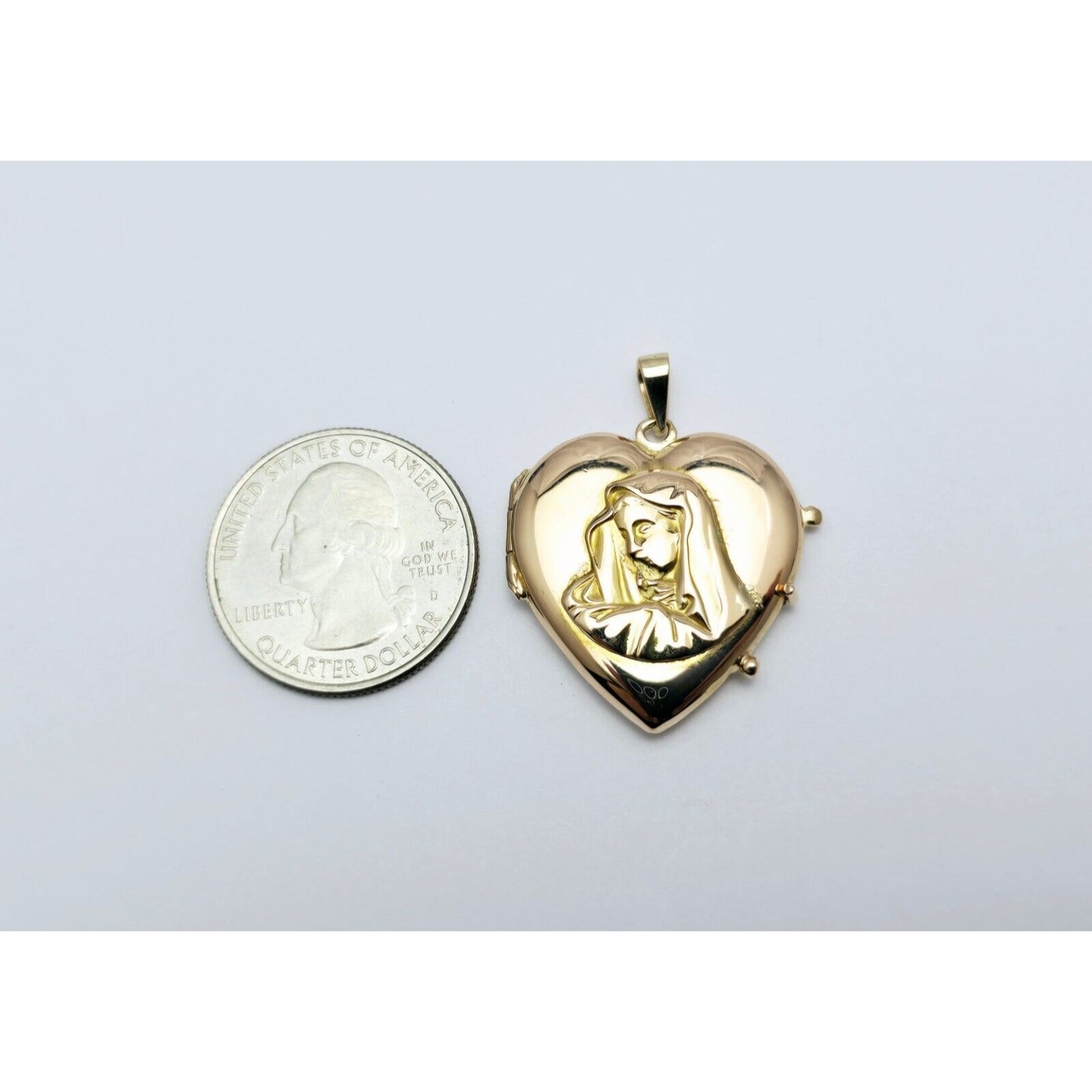 18K Yellow Gold Saint Mary Heart Locket Charm Pendant